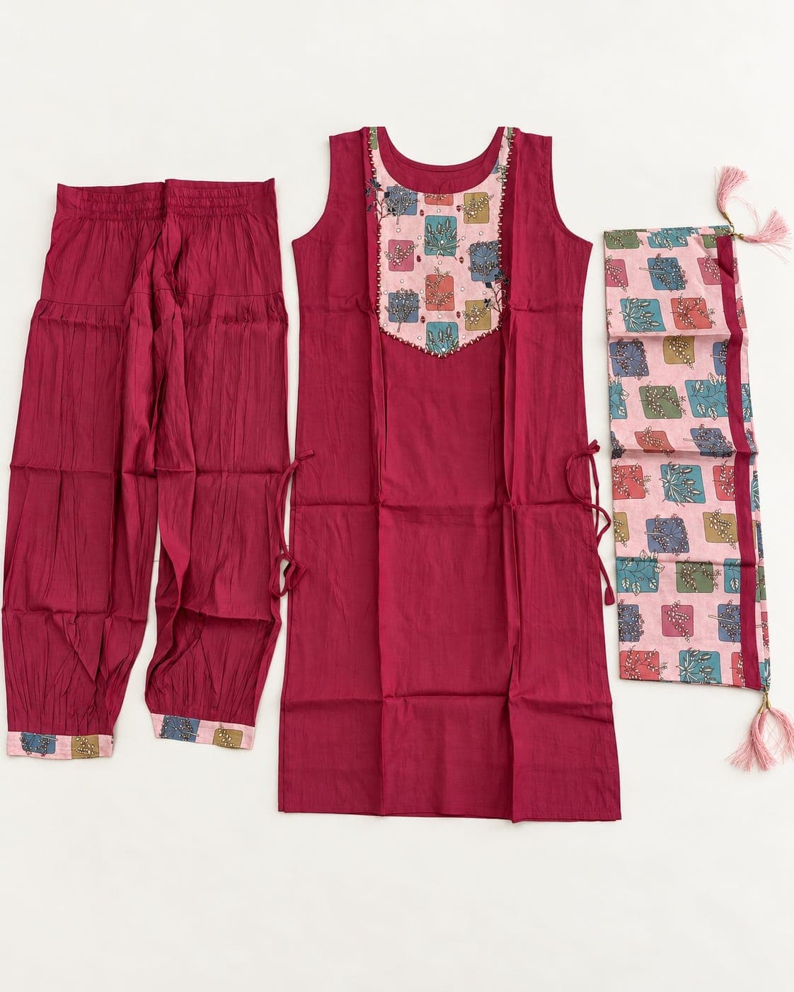 Deep Pink Panel Kurti, Afghan Pants & Printed Dupatta Set — 3 Piece, photo 5 of 6