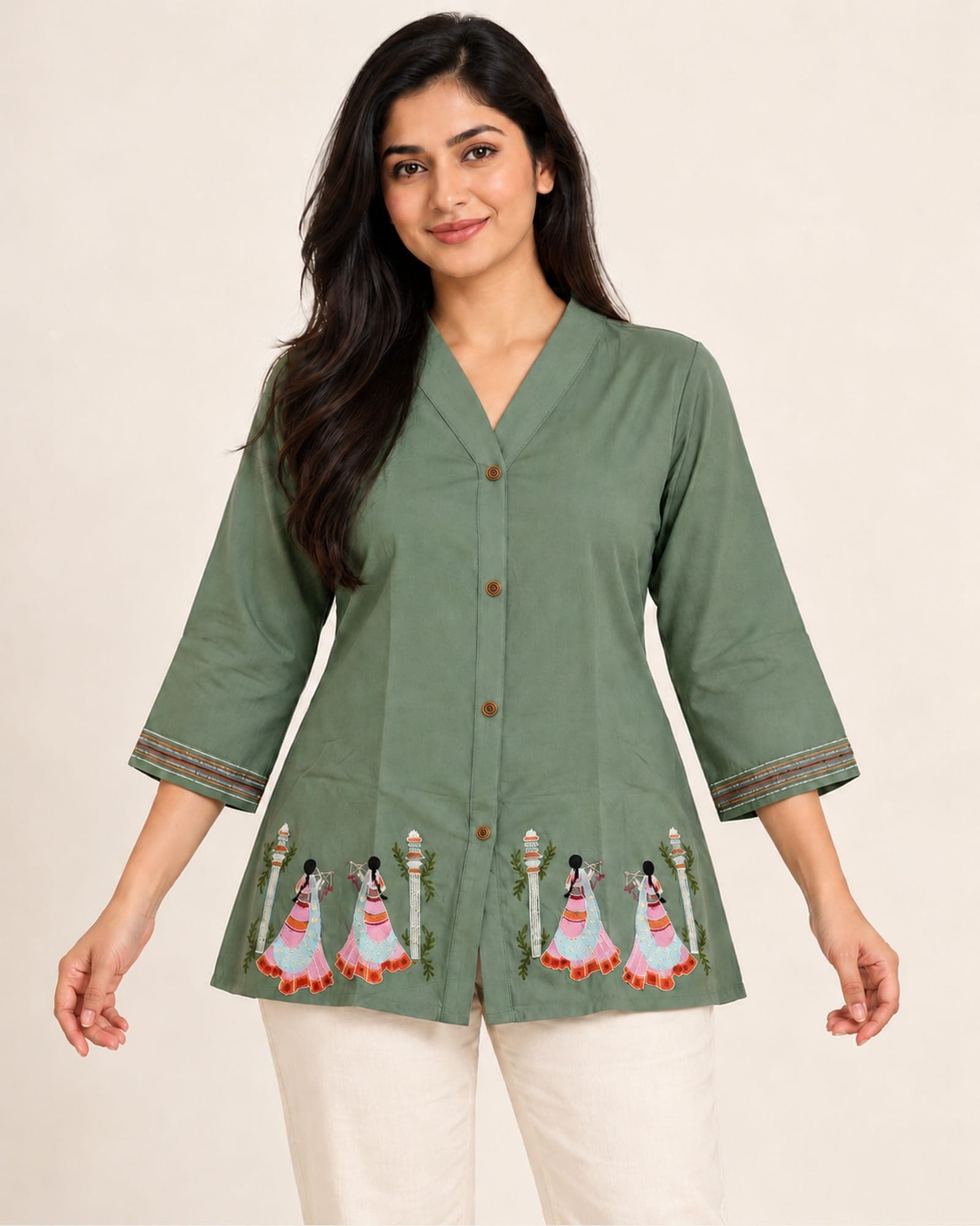 Rayon V-Neck Short Top with Figurine Embroidery — 4 Colours