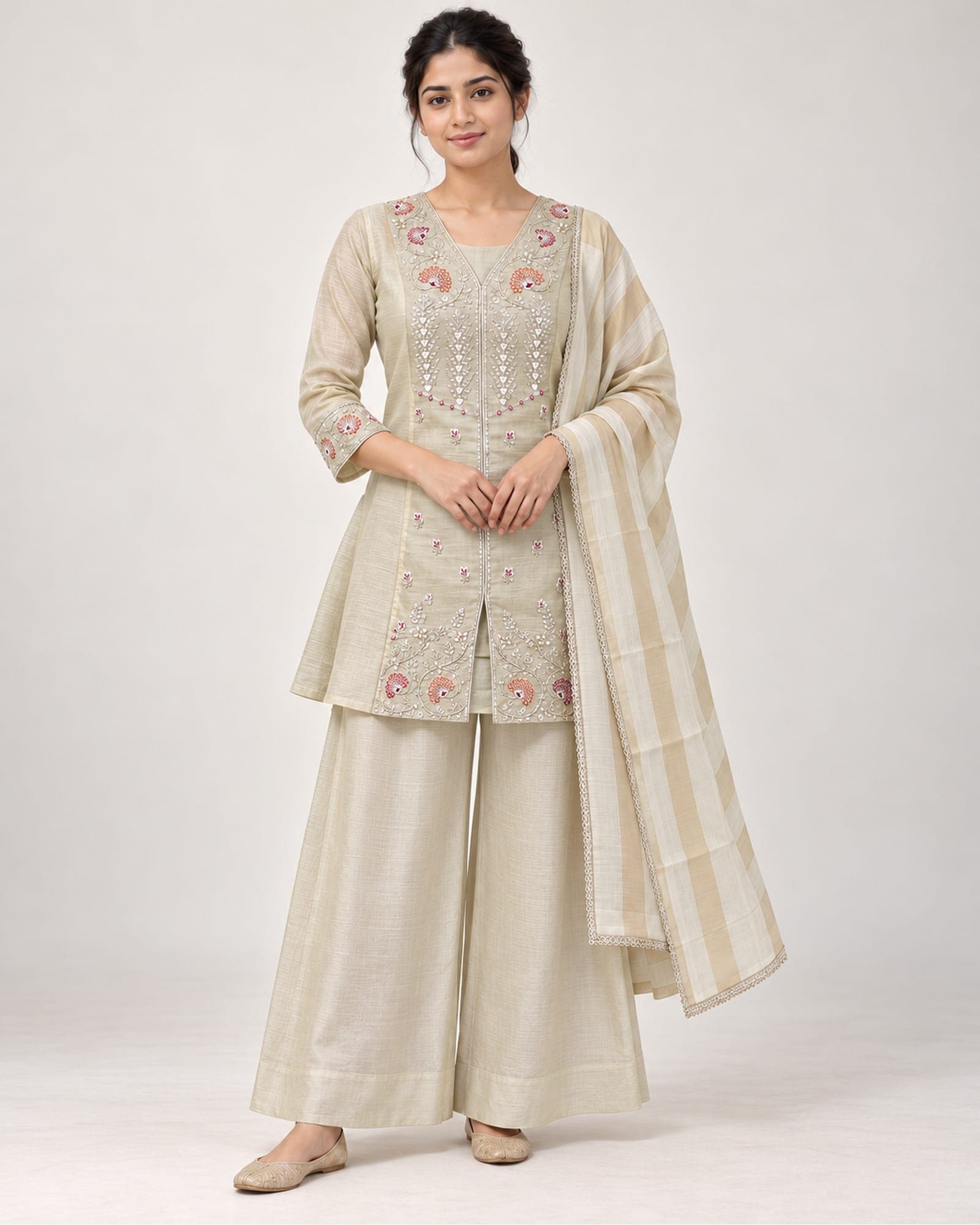 Premium Ivory Champagne Reshami Embroidered 3-Piece Kurti & Palazzo Set with Dupatta