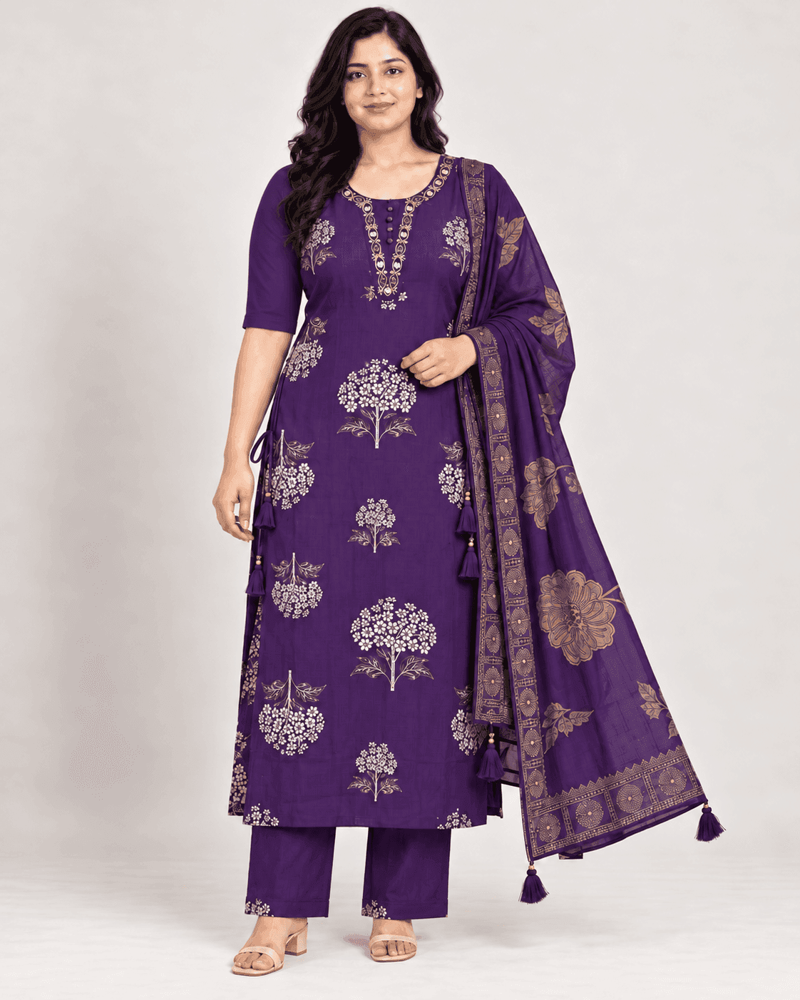 Floral-Tree Printed Long Kurti, Pants & Dupatta Set — 3 Piece (Pista Green / Purple), photo 4 of 13