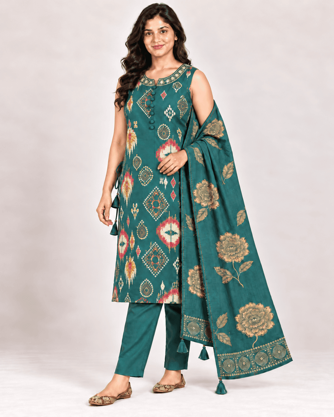 Geometric-Print Long Kurti, Pants & Dupatta Set — 3 Piece (Black / Dark Pink / Pista), photo 7 of 14