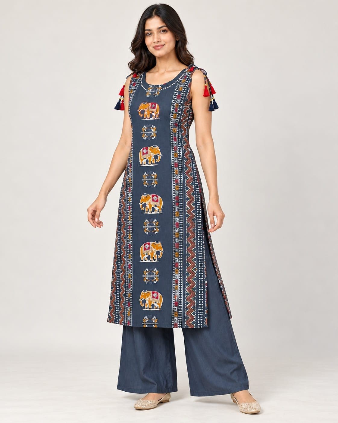 Elephant Motif Kurti & Palazzo Set — 2 Piece (Rust / Blue-Grey), photo 5 of 13