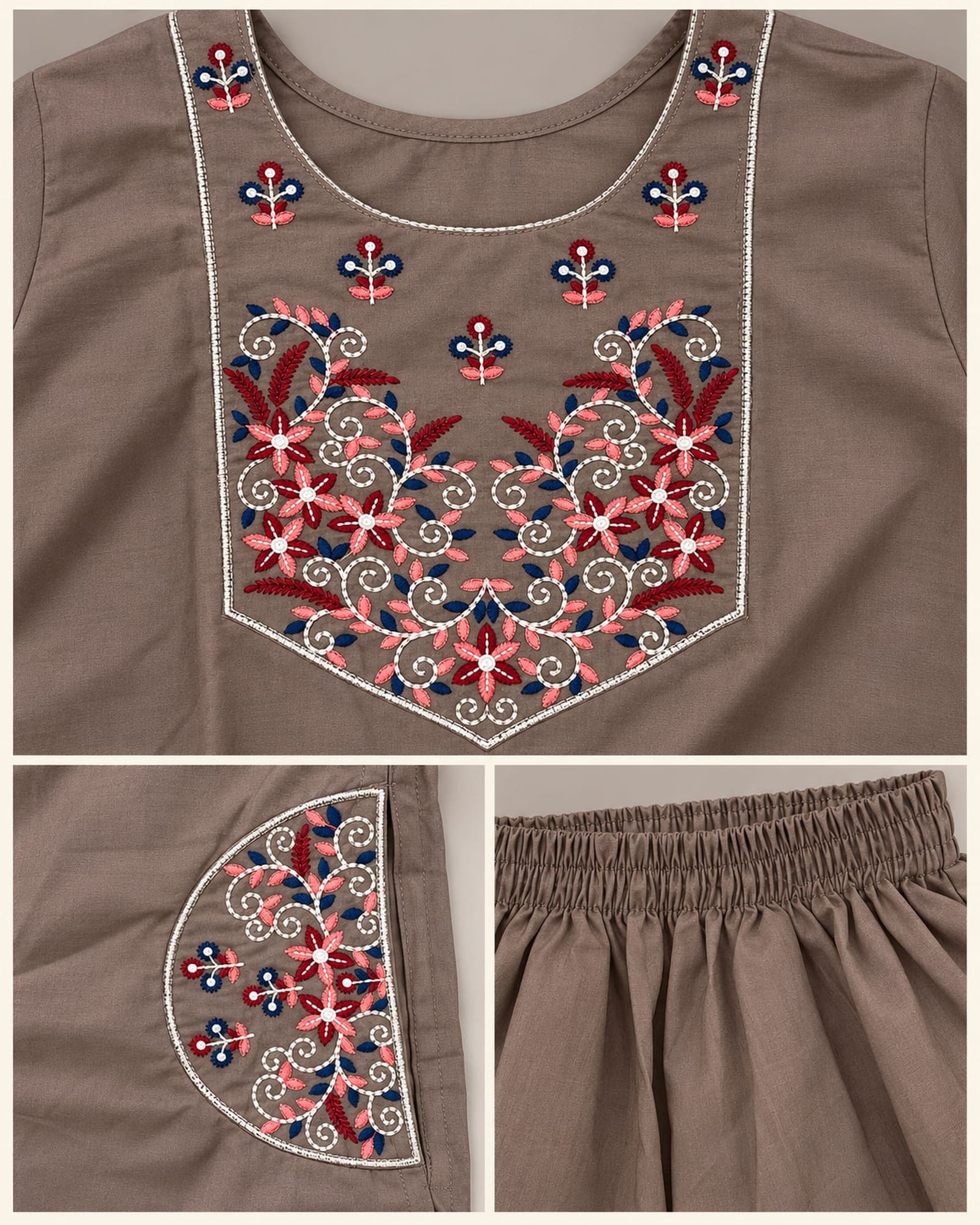 Taupe Floral Embroidered 2-Piece Kurti & Pants Set with Side Pockets, photo 4 of 4