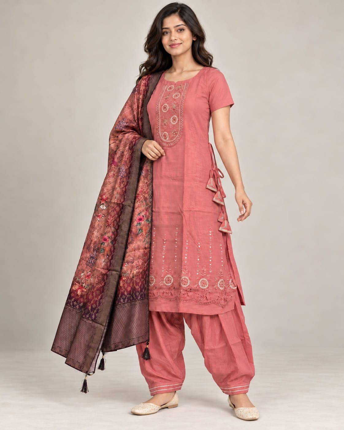 Dusty Pink Embellished Kurti, Afghan Pants & Printed Dupatta Set — 3 Piece, photo 4 of 6