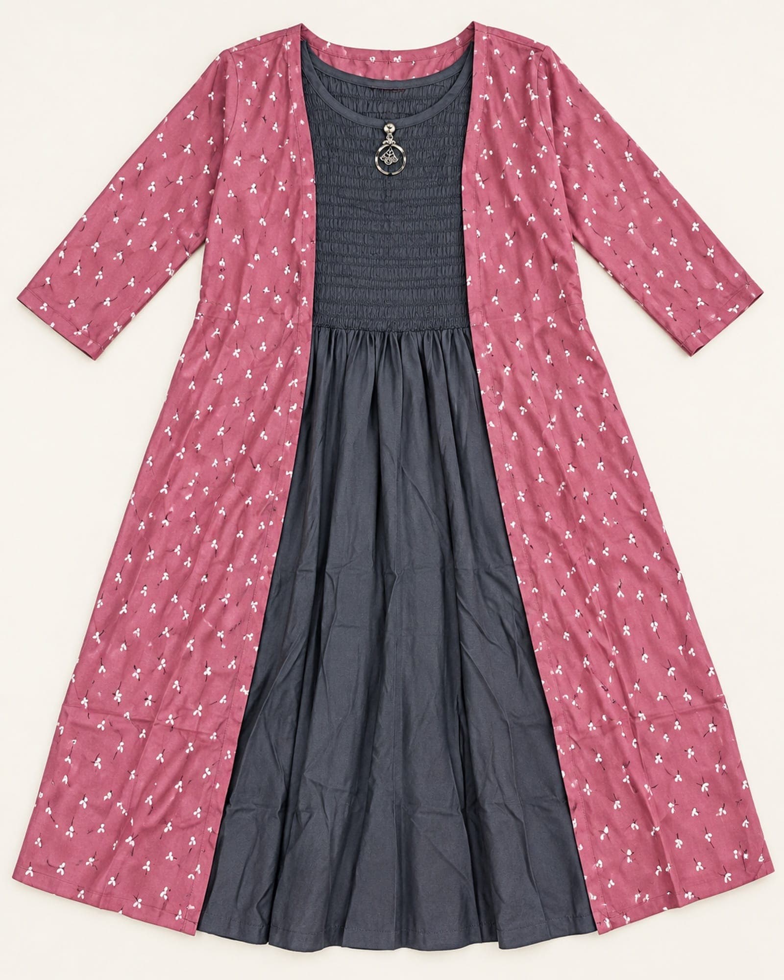 Smocked Inner Dress & Printed Koti — 2-Piece Set (Pink/Charcoal, Black/White), photo 5 of 9