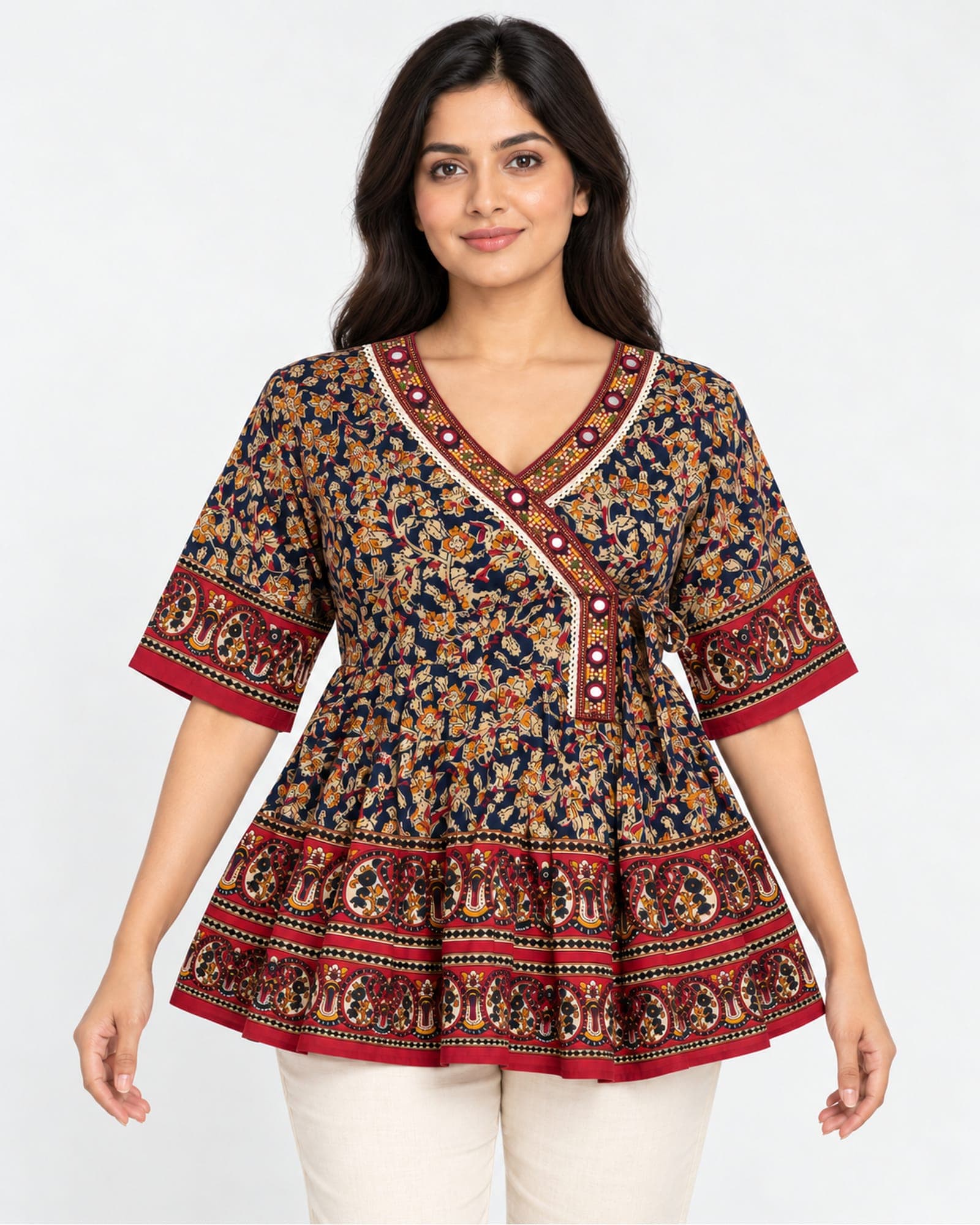 Navy Floral Printed Flared Top with Mirror-Accent Neckline — Top Only