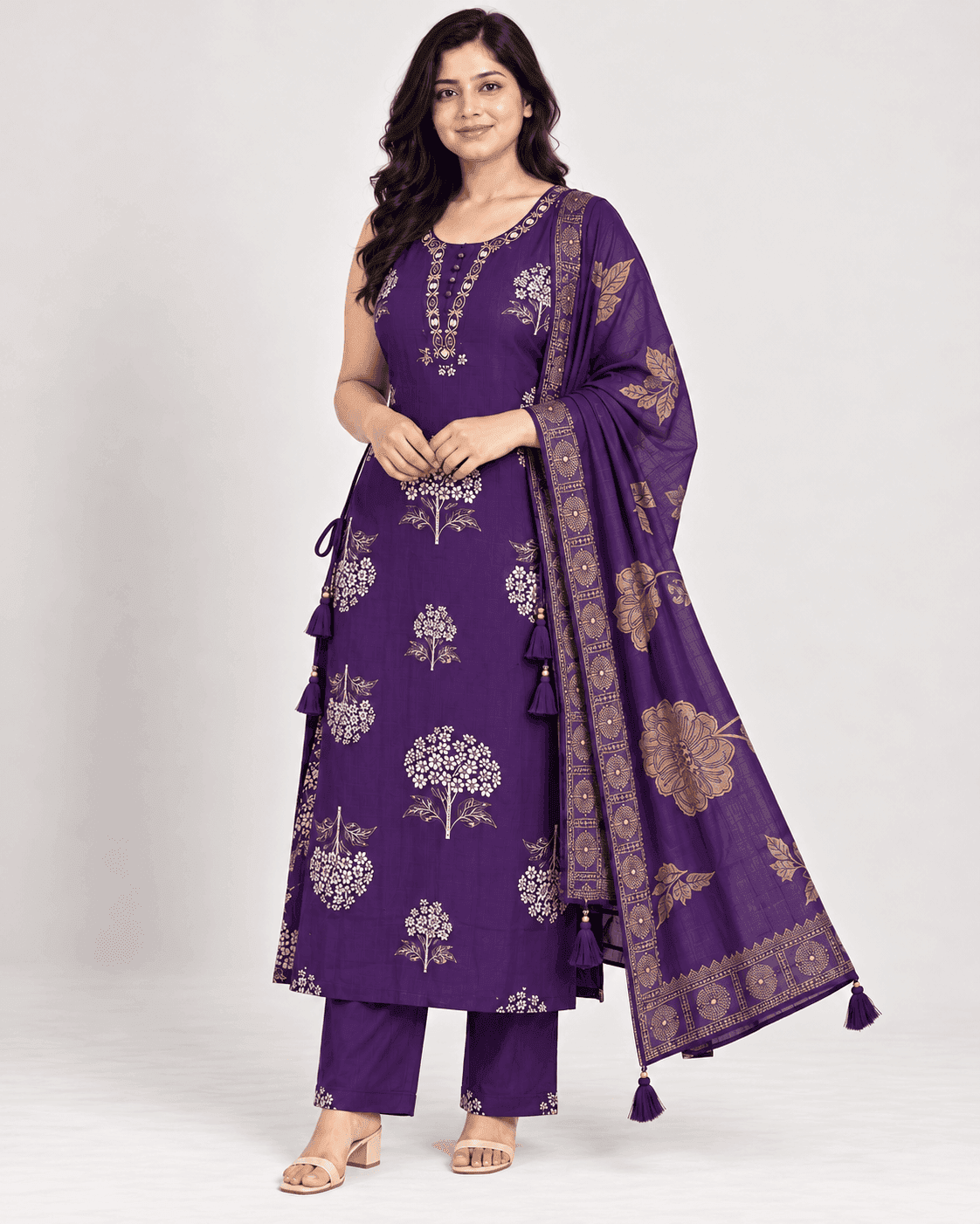 Floral-Tree Printed Long Kurti, Pants & Dupatta Set — 3 Piece (Pista Green / Purple), photo 7 of 13