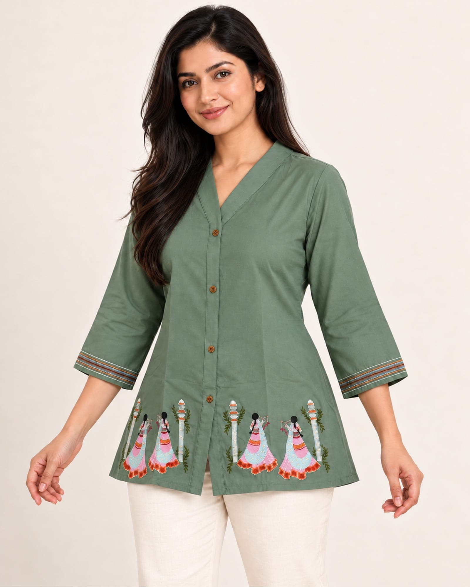 Rayon V-Neck Short Top with Figurine Embroidery — 4 Colours, photo 2 of 5