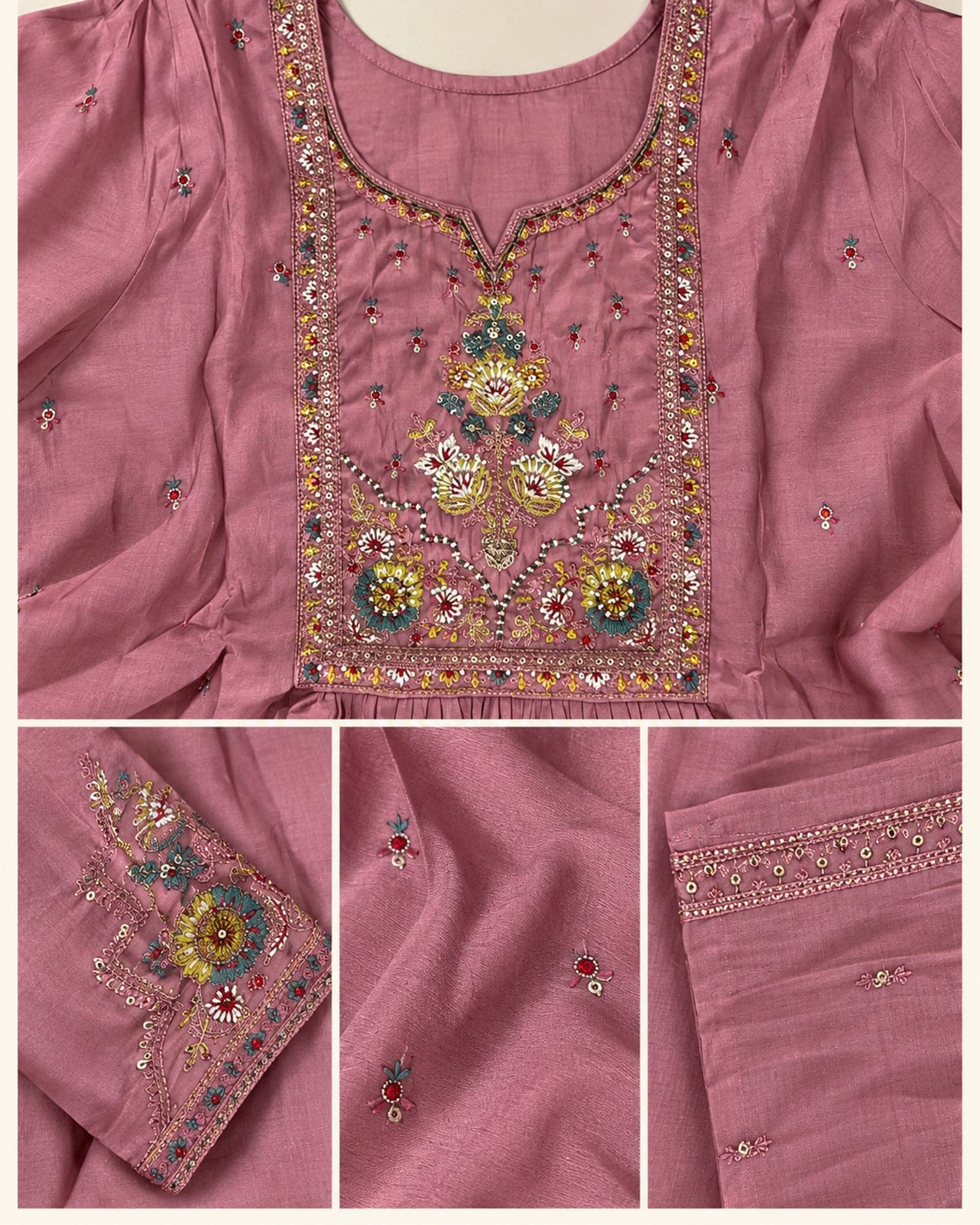 Dusty Rose Embroidered 3-Piece Kurti, Pants & Dupatta Set, photo 4 of 4