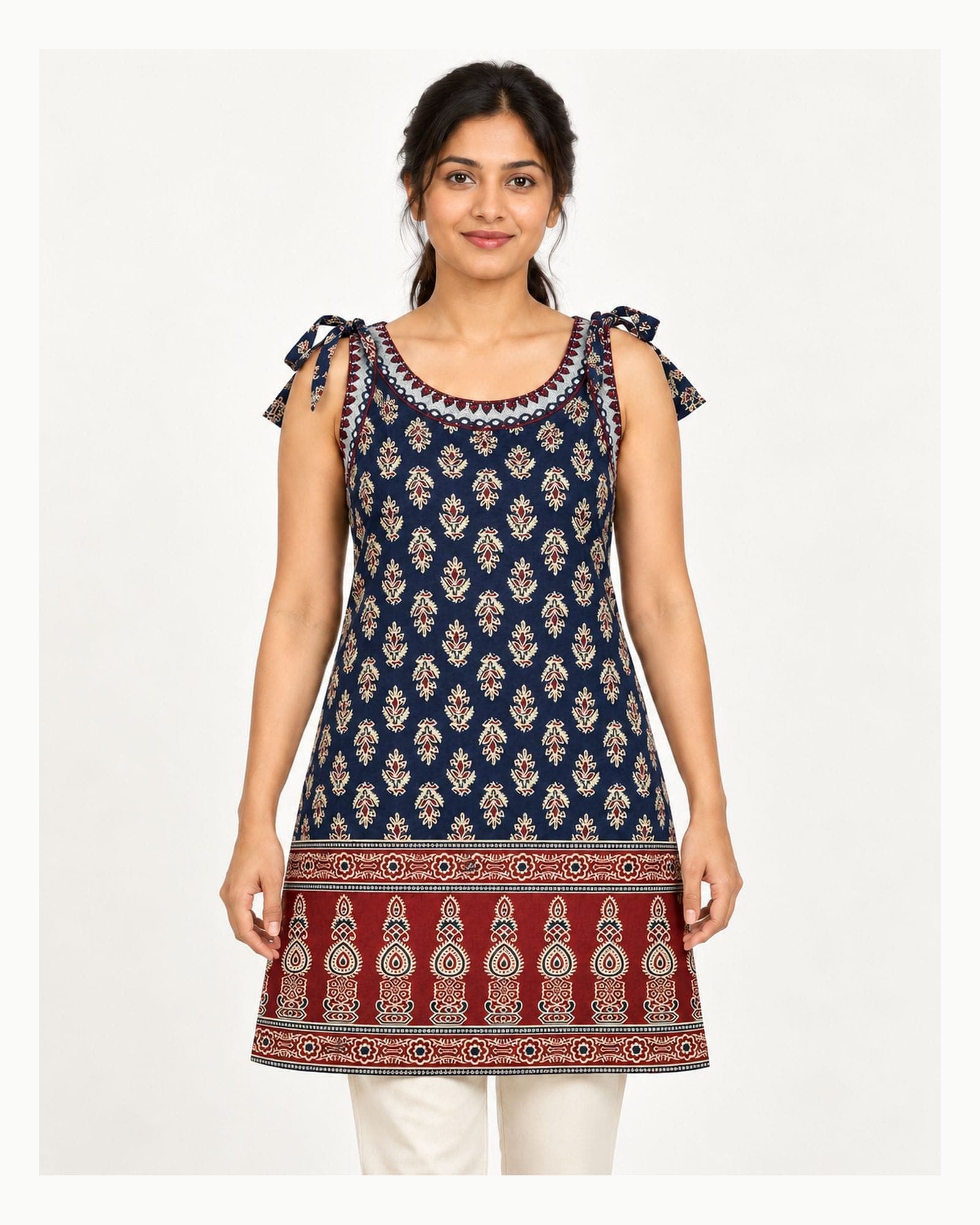 Navy Blue Printed Kurti with Maroon Border — Kurti Only