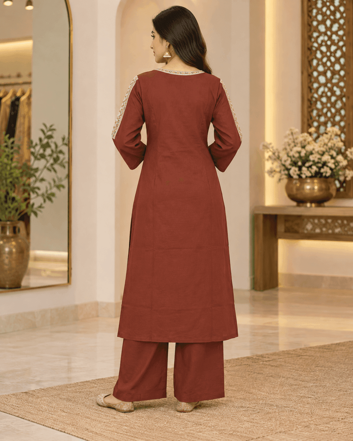 Rust Brown Kurti with Cream Embroidered Yoke & Matching Pants — 2 Piece Set, photo 3 of 4