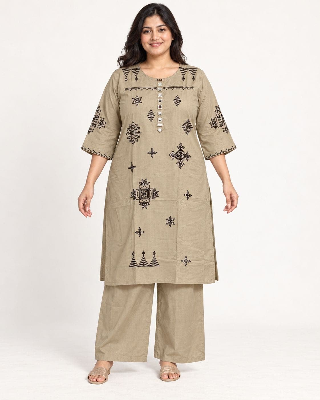 Taupe Beige Geometric Motif 2-Piece Kurti & Straight Pant Set