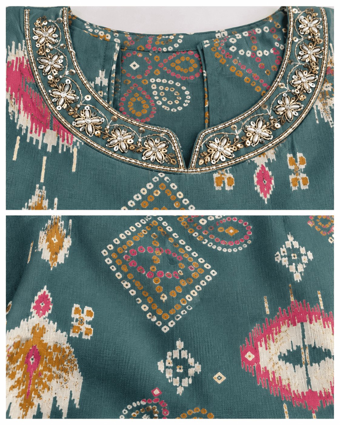 Geometric-Print Long Kurti, Pants & Dupatta Set — 3 Piece (Black / Dark Pink / Pista), photo 14 of 14