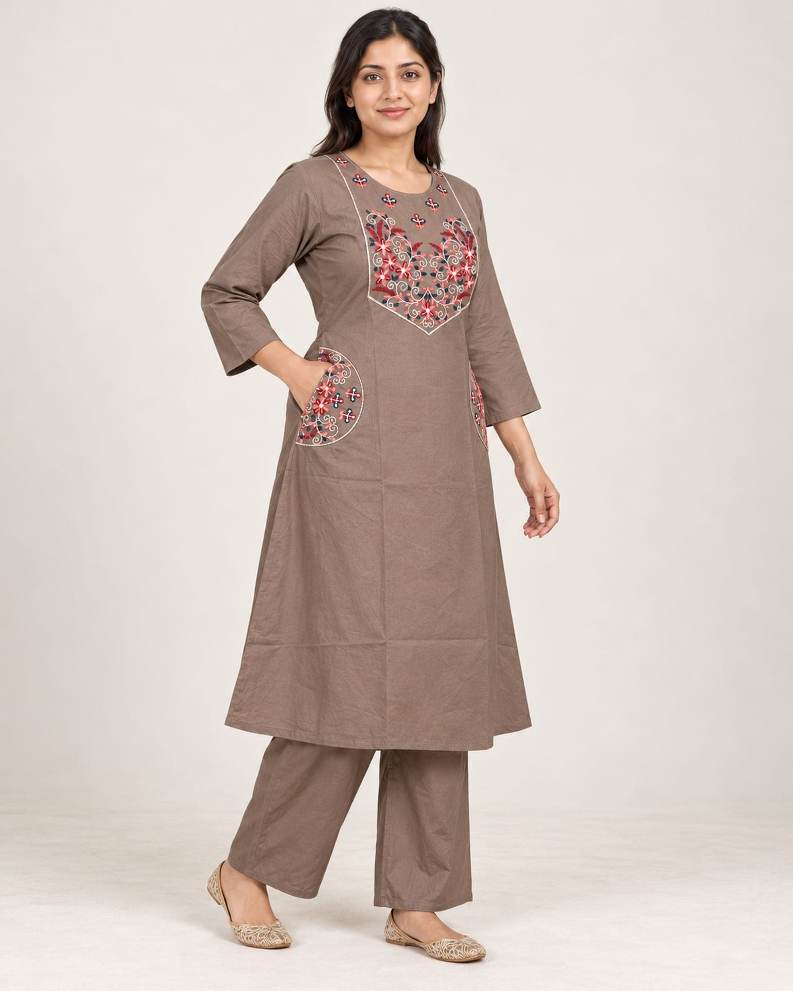 Taupe Floral Embroidered 2-Piece Kurti & Pants Set with Side Pockets, photo 2 of 4