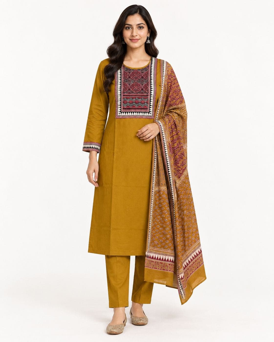 Geometric Print Panel Kurti, Pants & Dupatta Set — 3 Piece | Mustard, Maroon & Black