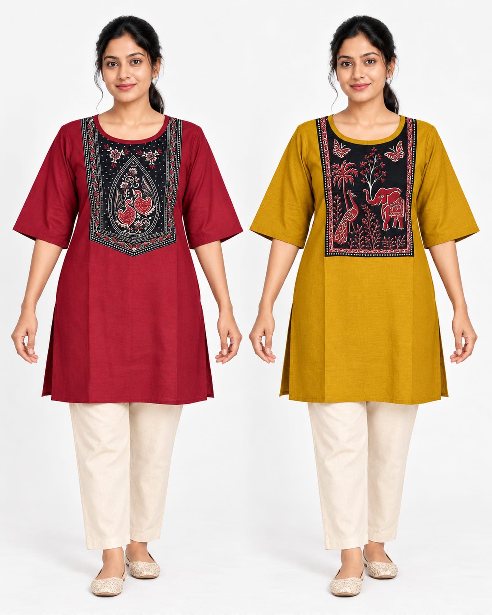 Maroon & Mustard Printed Panel Short Tunic — Top Only