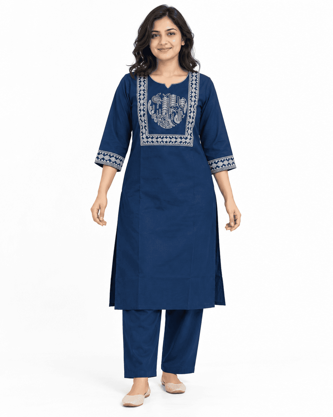 Navy Blue Botanical Embroidered Kurti & Pants Set — 2 Piece