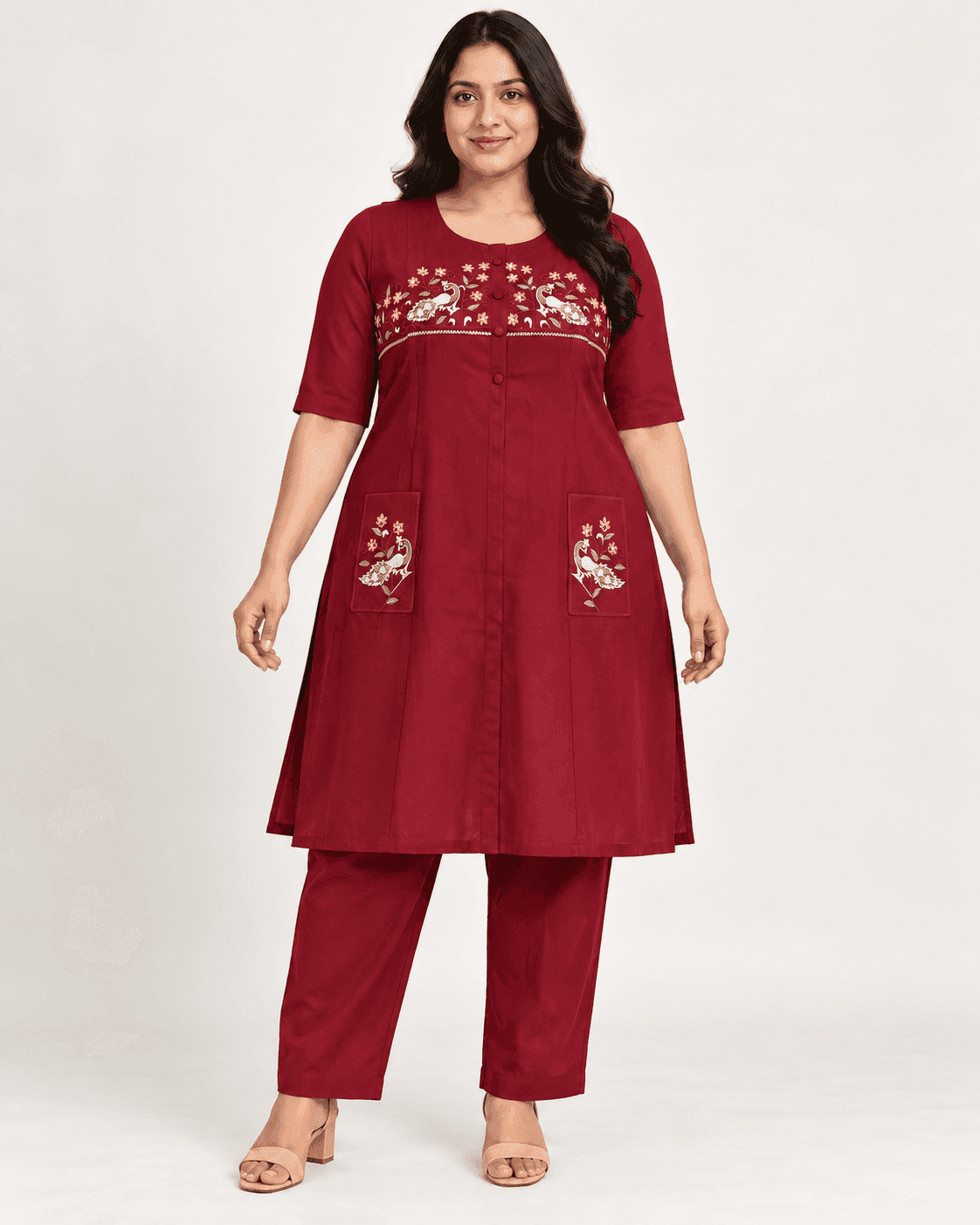 Maroon Bird-and-Floral Embroidered Kurti & Pants Set — 2 Piece, photo 2 of 6