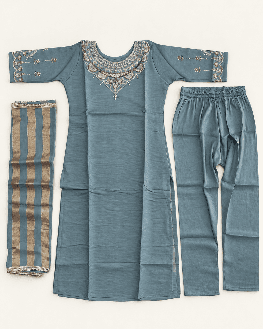 Embellished Round-Neck Kurti, Pants & Striped Dupatta Set — 3 Piece (Pink / Blue-Grey), photo 6 of 9