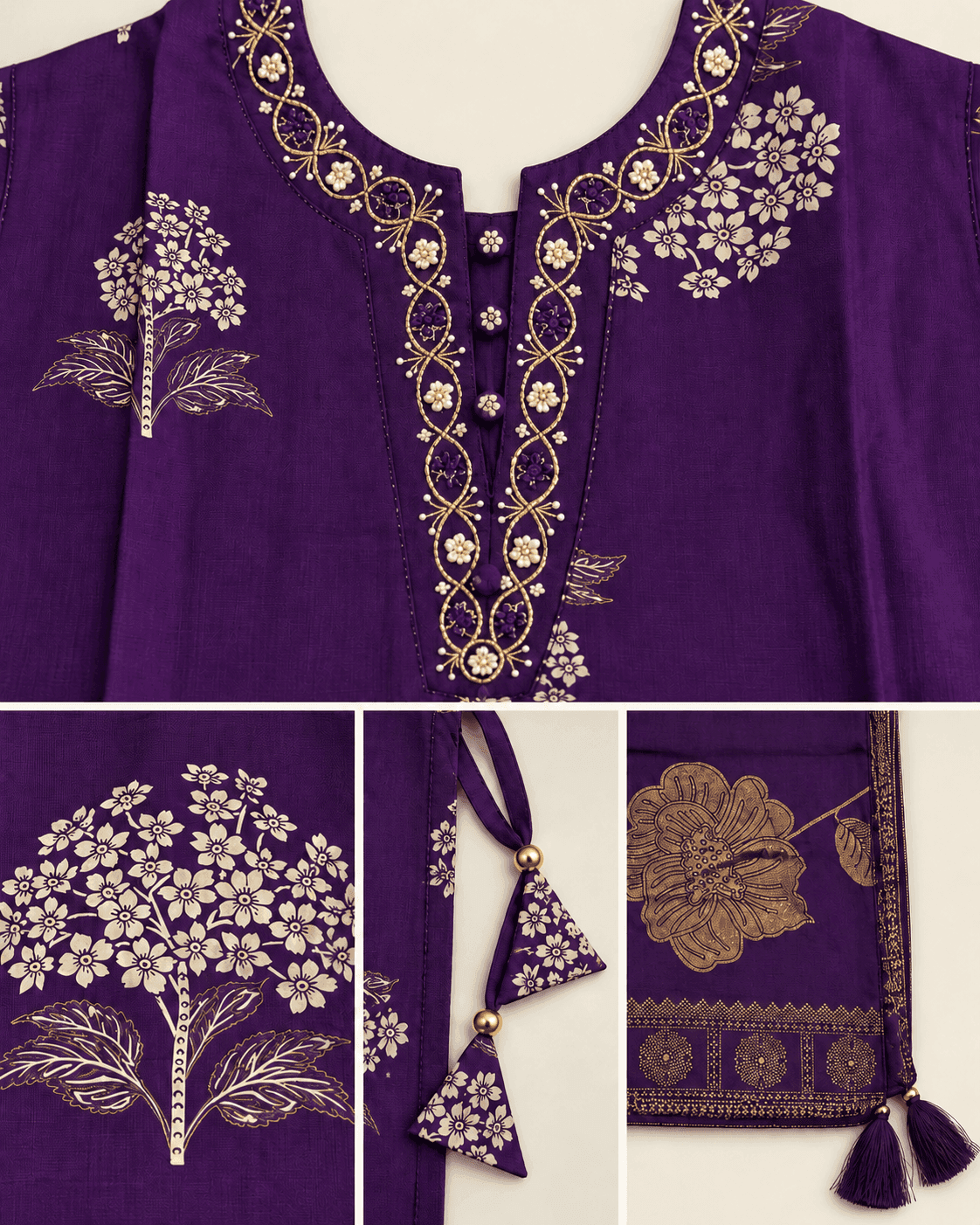 Floral-Tree Printed Long Kurti, Pants & Dupatta Set — 3 Piece (Pista Green / Purple), photo 12 of 13