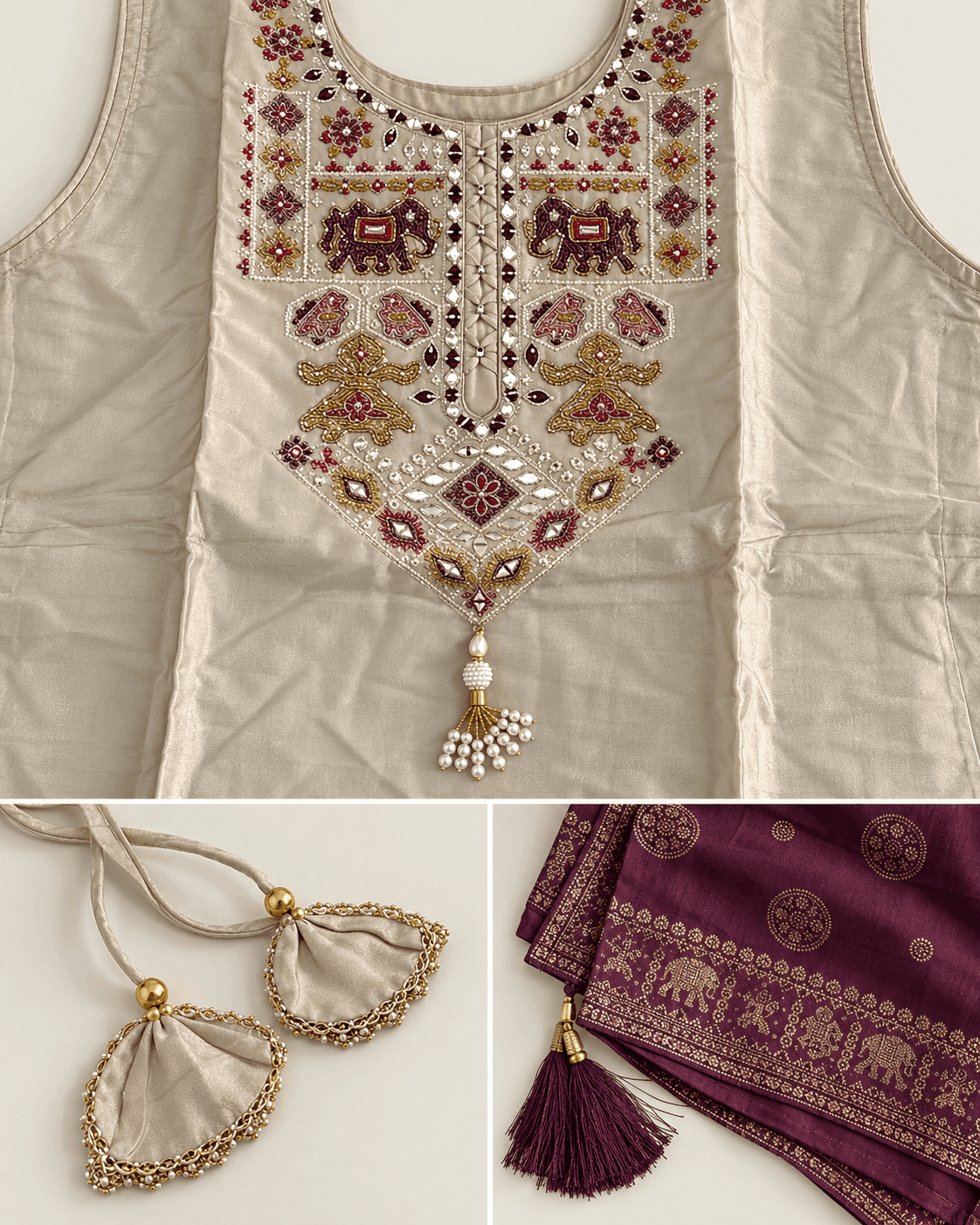 Elephant-Motif Embellished Kurti, Pants & Dupatta Set — 3 Piece (Cream Beige / Purple), photo 11 of 13