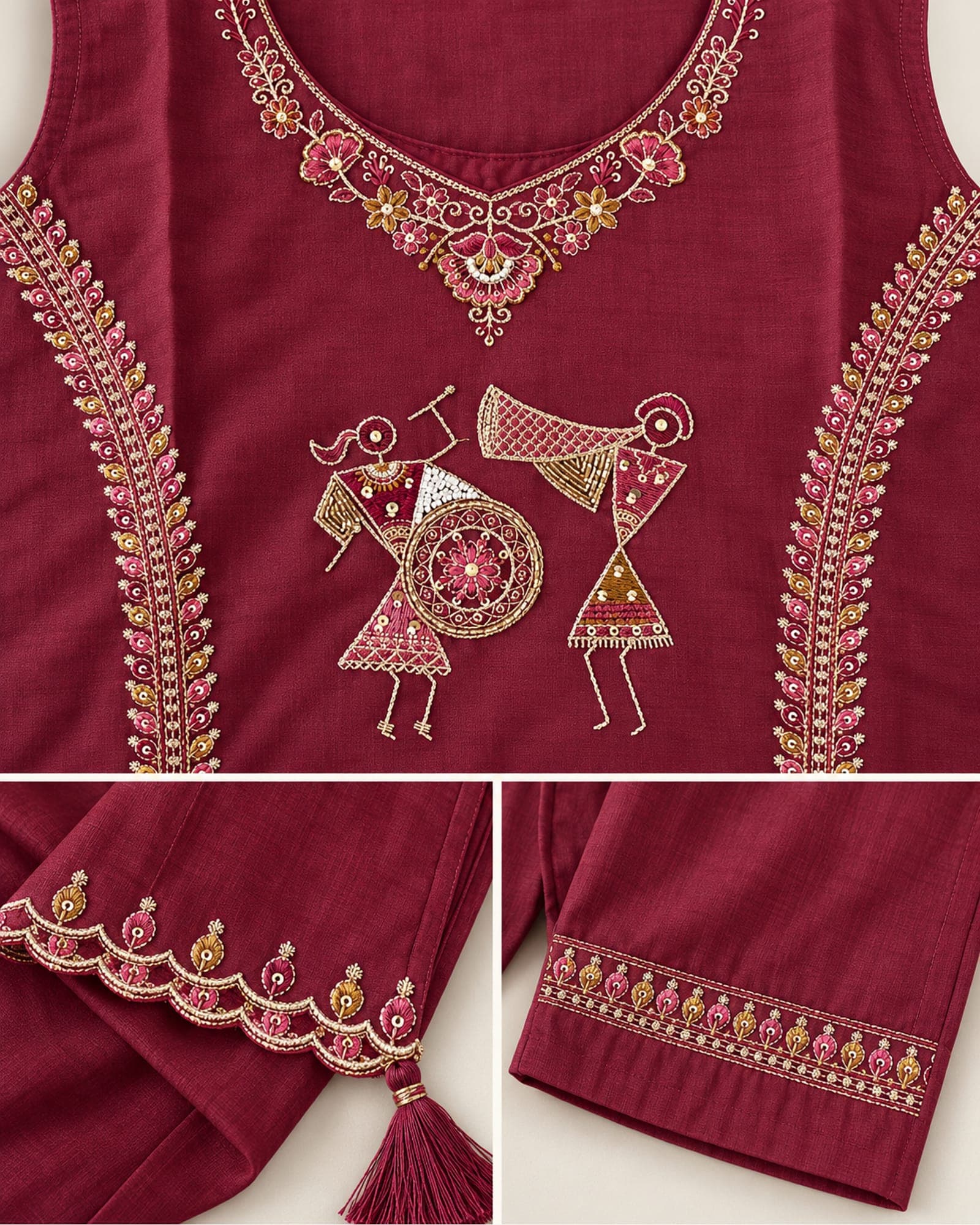 Wine Maroon Musician-Embroidered Kurti, Pants & Dupatta Set — 3 Piece, photo 6 of 6