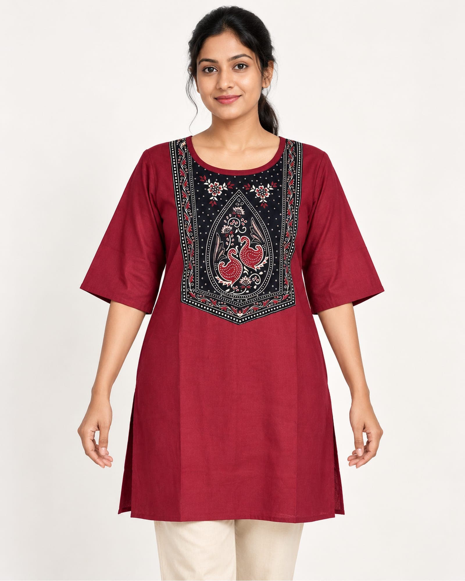 Maroon & Mustard Printed Panel Short Tunic — Top Only, photo 2 of 9