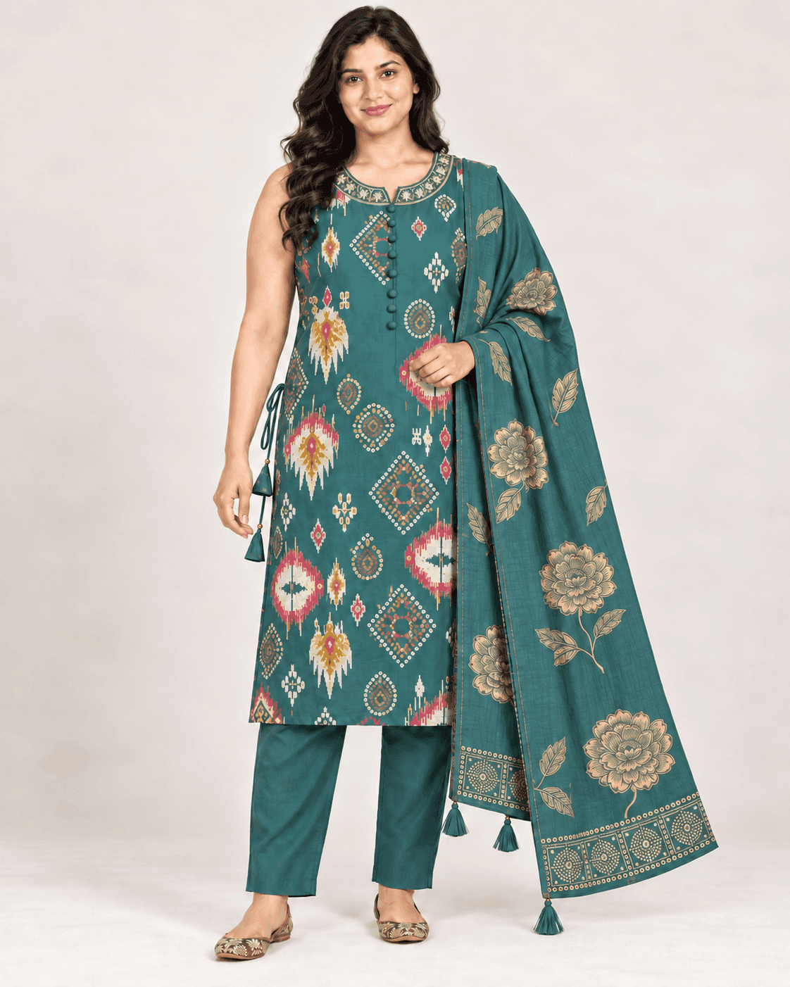 Geometric-Print Long Kurti, Pants & Dupatta Set — 3 Piece (Black / Dark Pink / Pista), photo 3 of 14