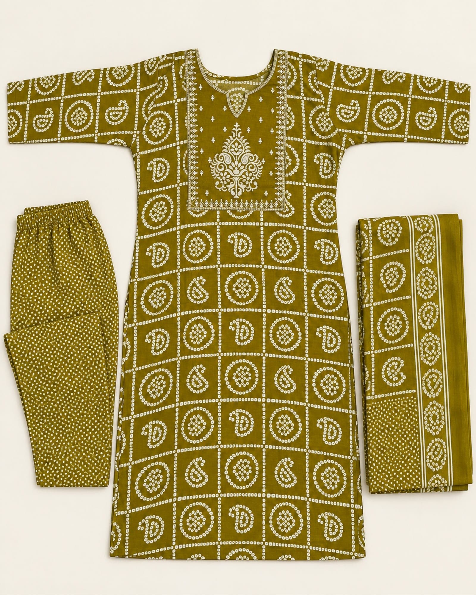 Bandhani Kurti, Pants & Dupatta — 3-Piece Set, Olive & Wine, photo 3 of 5