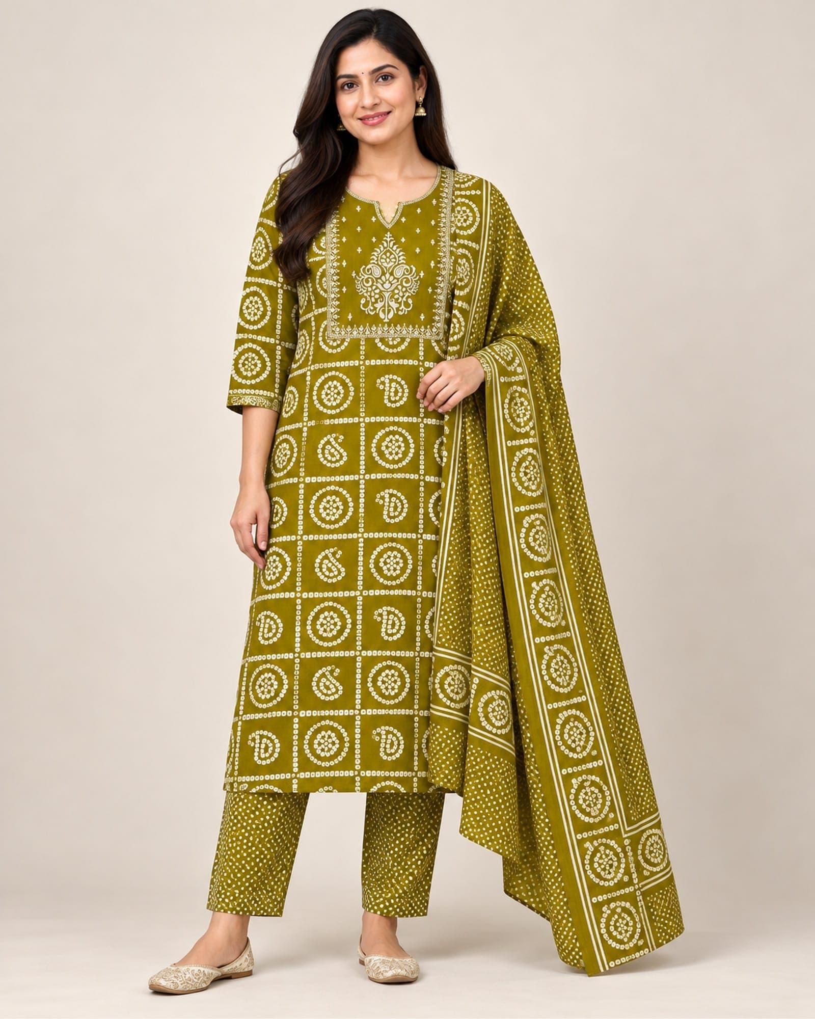 Bandhani Kurti, Pants & Dupatta — 3-Piece Set, Olive & Wine