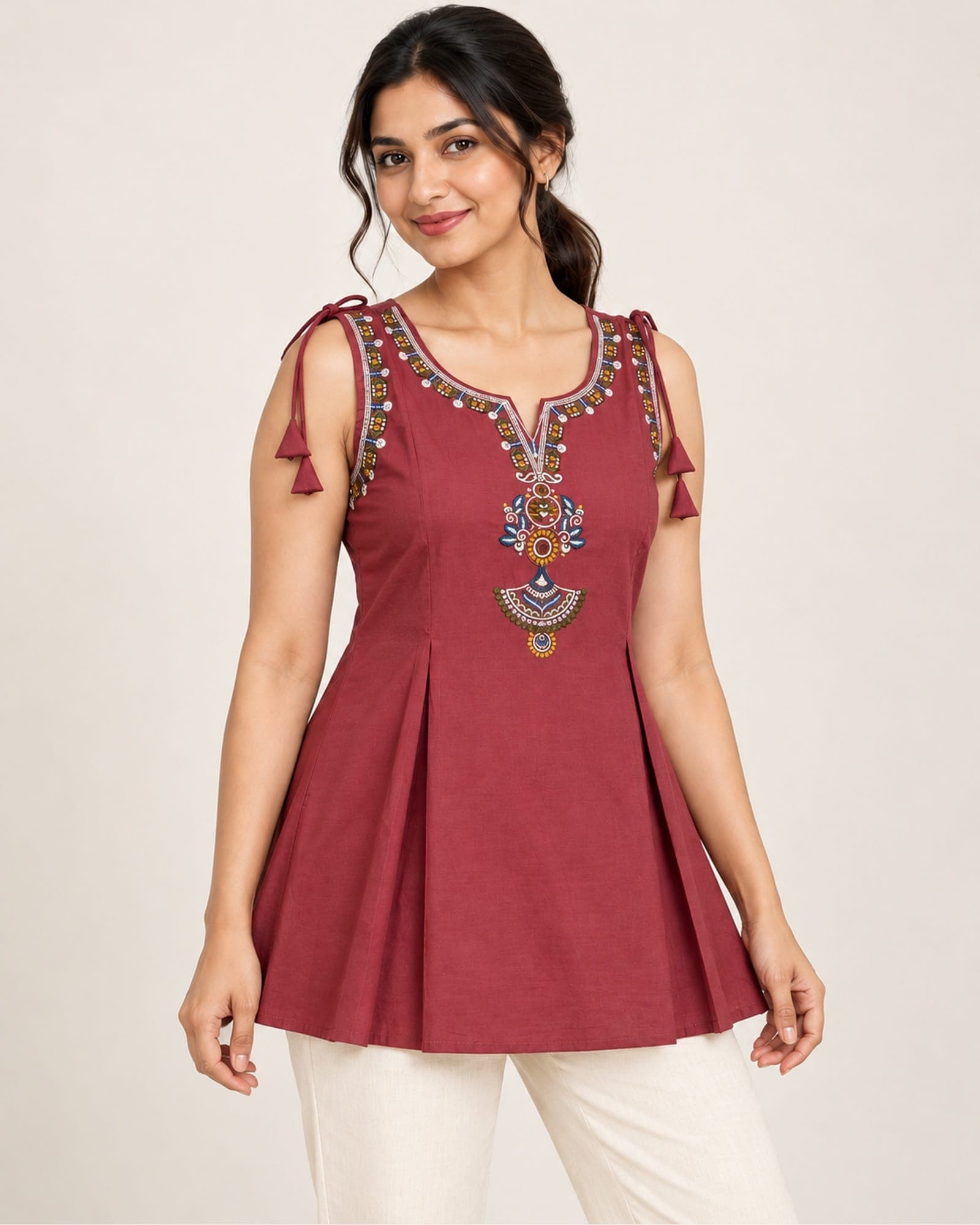 Cotton Embroidered Short Top Only with Shoulder Ties — Navy & Dark Pink, photo 2 of 5