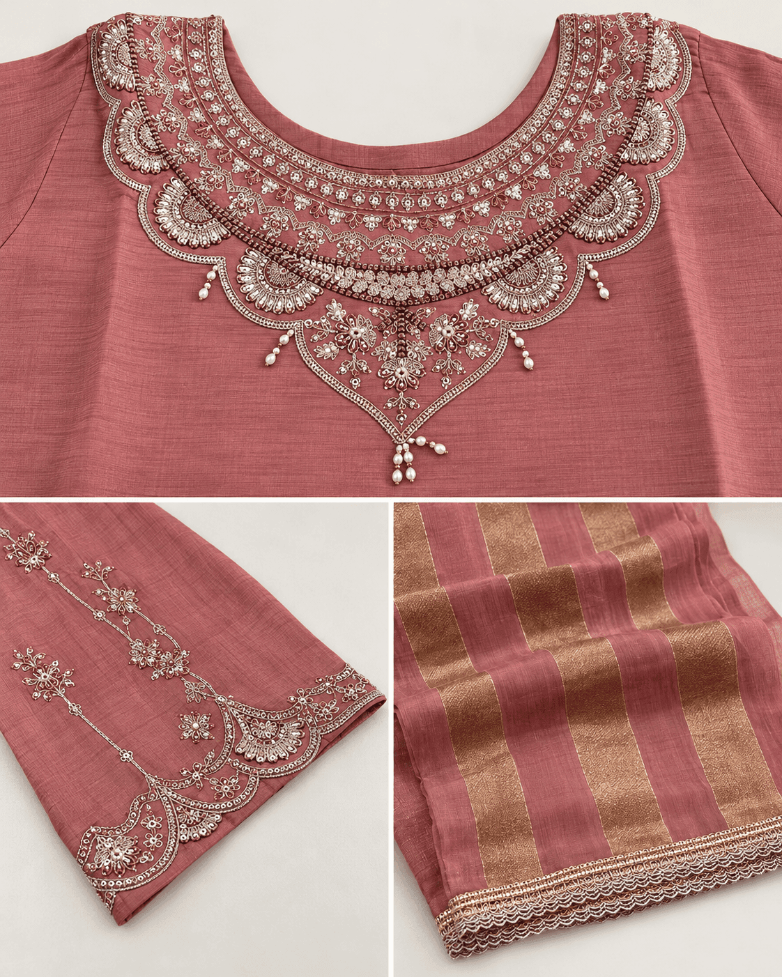 Embellished Round-Neck Kurti, Pants & Striped Dupatta Set — 3 Piece (Pink / Blue-Grey), photo 7 of 9