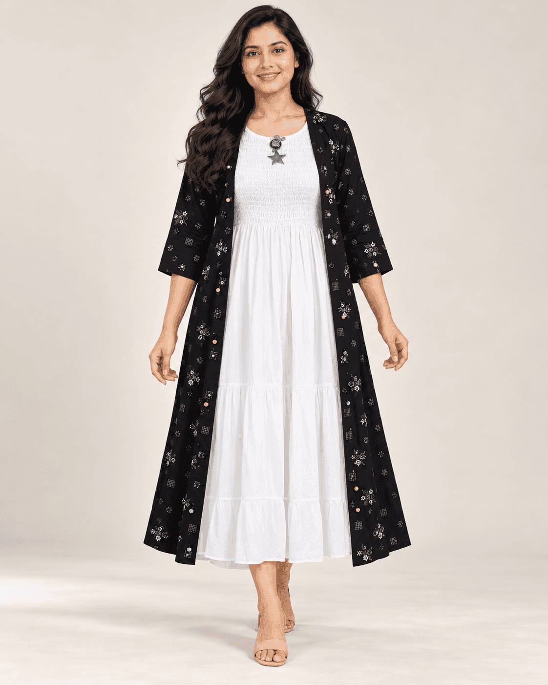 Smocked Inner Dress & Printed Koti — 2-Piece Set (Pink/Charcoal, Black/White), photo 2 of 9
