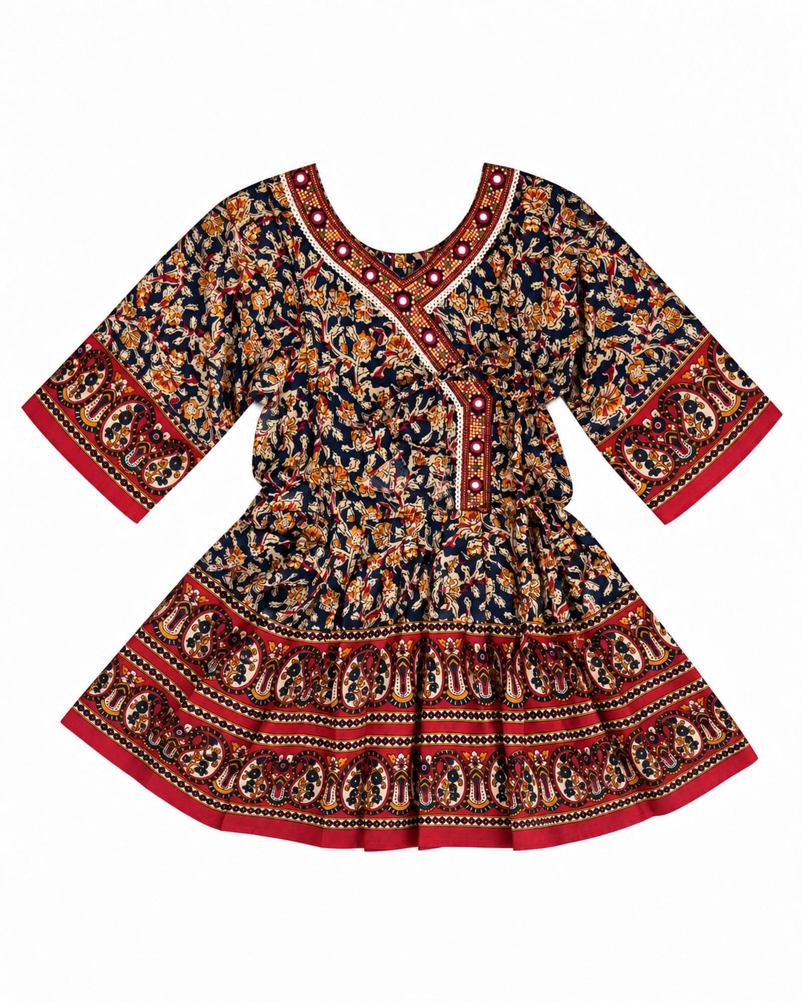 Navy Floral Printed Flared Top with Mirror-Accent Neckline — Top Only, photo 4 of 5