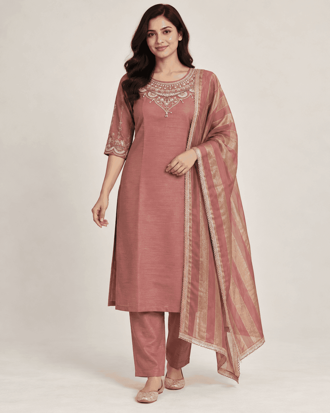 Embellished Round-Neck Kurti, Pants & Striped Dupatta Set — 3 Piece (Pink / Blue-Grey)
