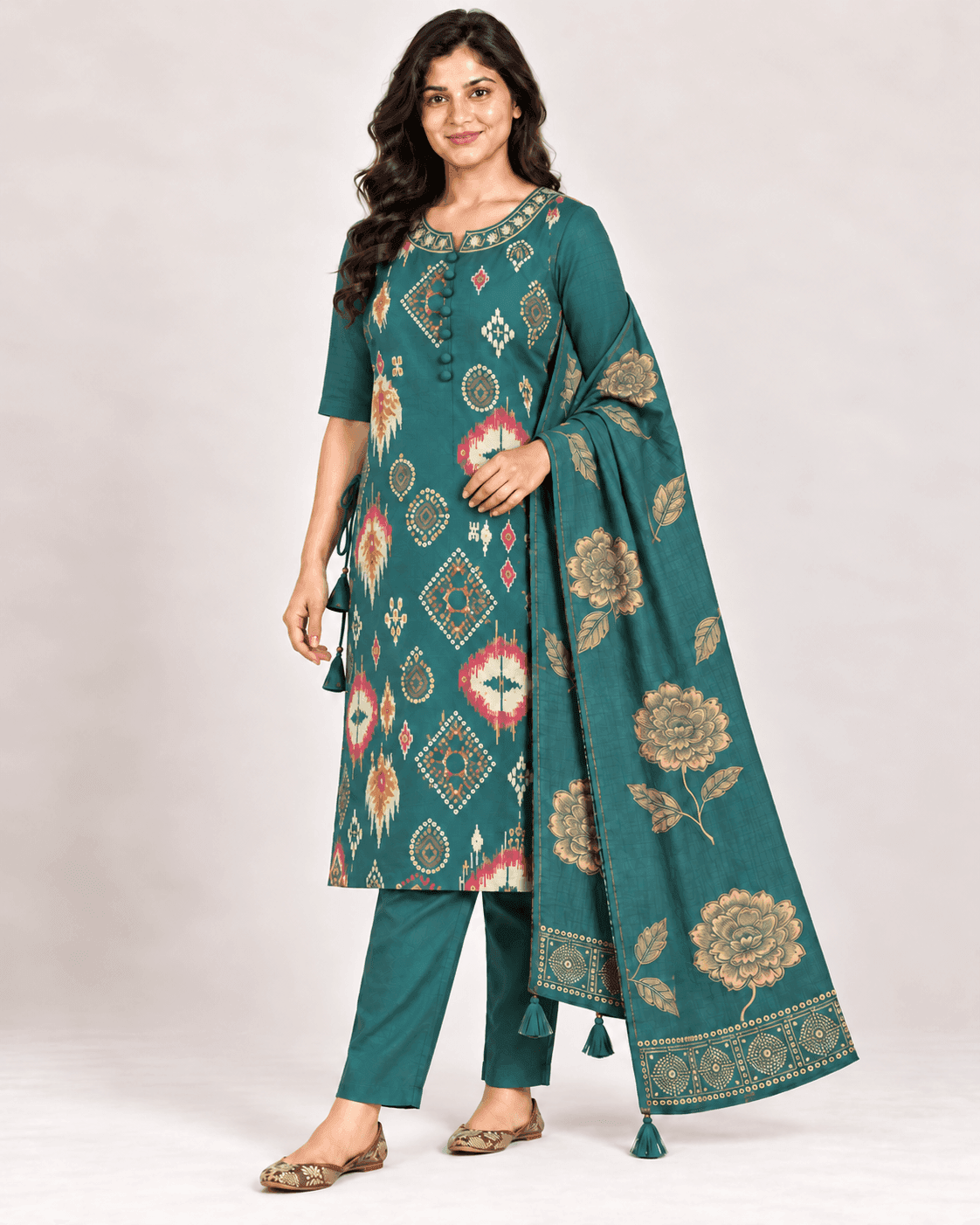 Geometric-Print Long Kurti, Pants & Dupatta Set — 3 Piece (Black / Dark Pink / Pista), photo 8 of 14
