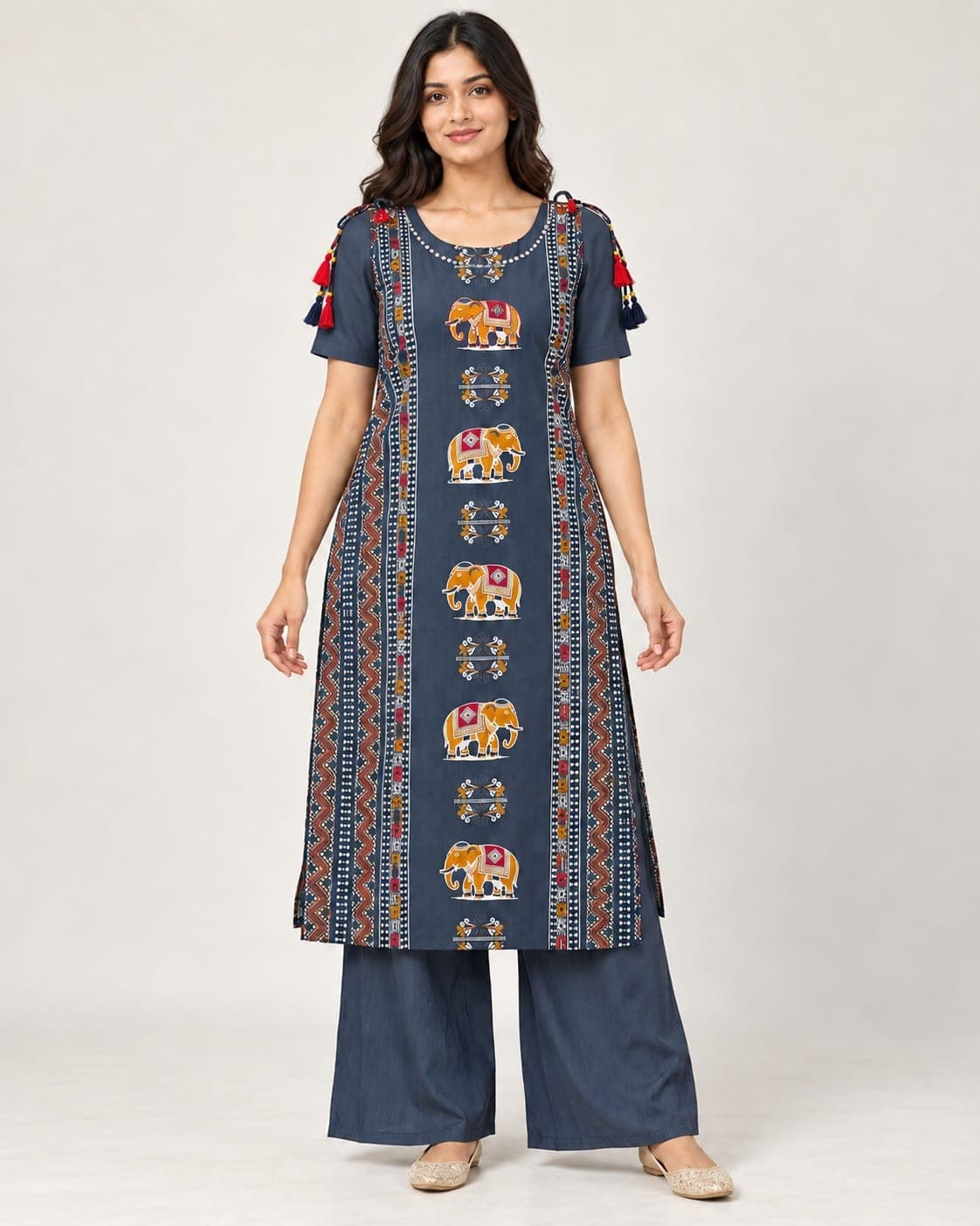 Elephant Motif Kurti & Palazzo Set — 2 Piece (Rust / Blue-Grey), photo 2 of 13
