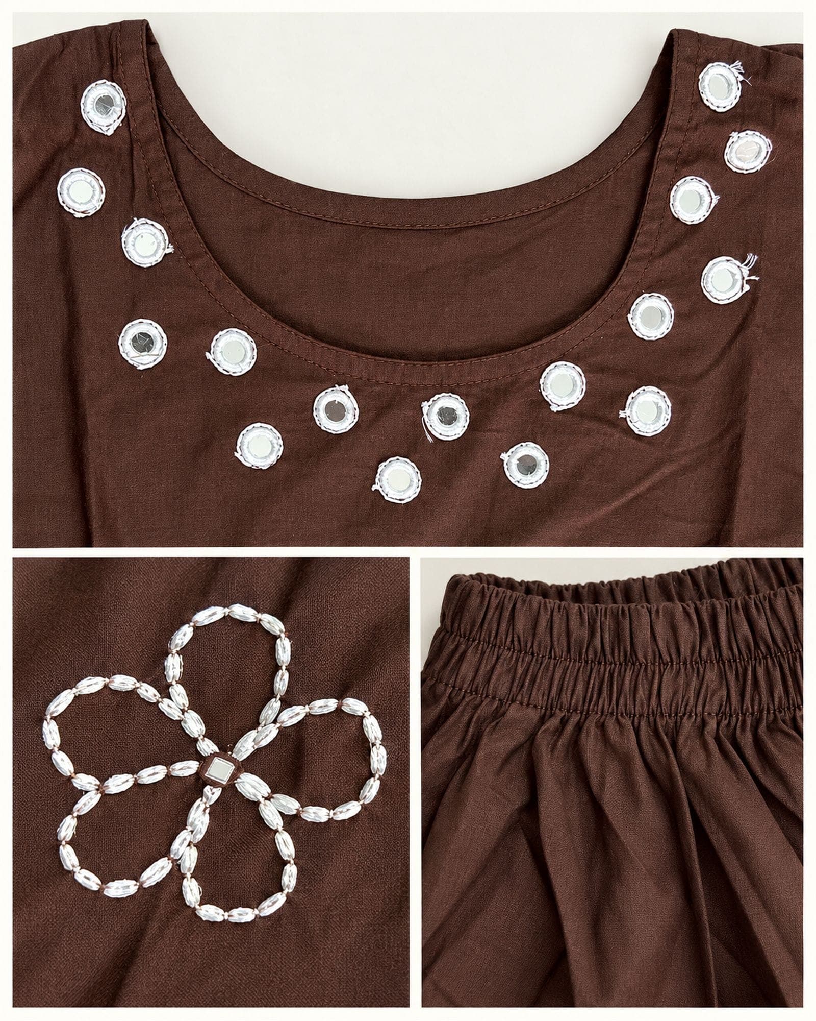 Brown Mirror-Accent Floral Kurti & Pant Set — 2 Pieces, photo 4 of 4