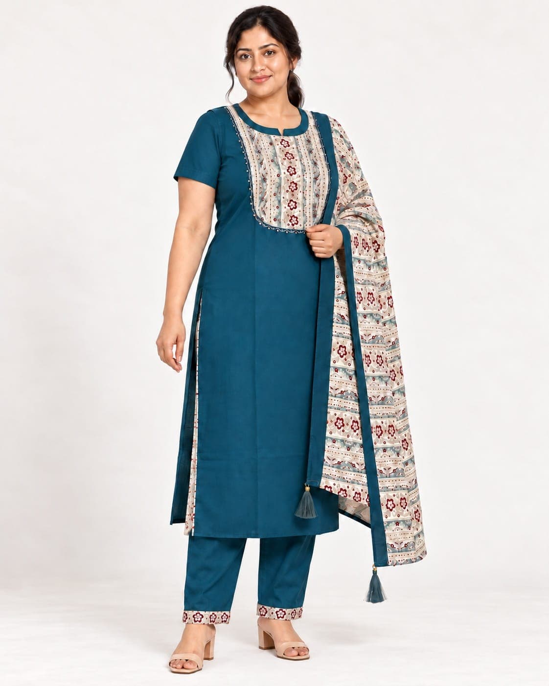 Deep Teal Floral Panel Kurti, Pants & Printed Dupatta Set — 3 Piece, photo 4 of 6