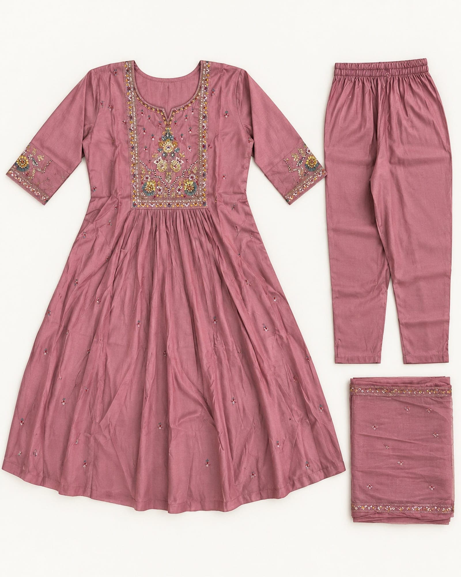 Dusty Rose Embroidered 3-Piece Kurti, Pants & Dupatta Set, photo 3 of 4