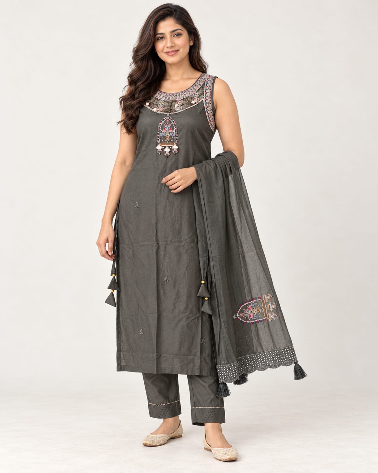 Charcoal Grey Embroidered Kurti, Straight Pants & Dupatta Set — 3 Piece, photo 5 of 8