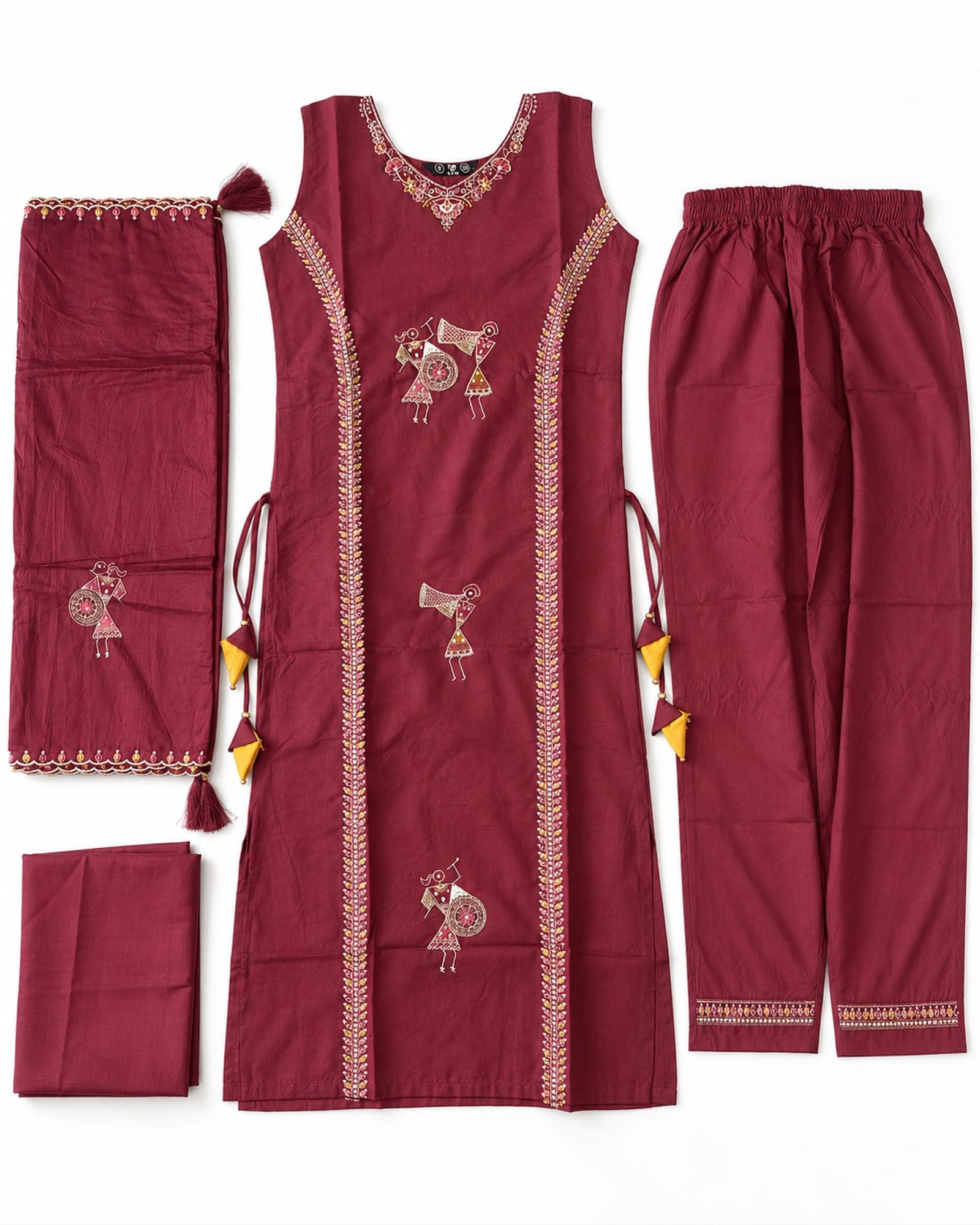 Wine Maroon Musician-Embroidered Kurti, Pants & Dupatta Set — 3 Piece, photo 5 of 6