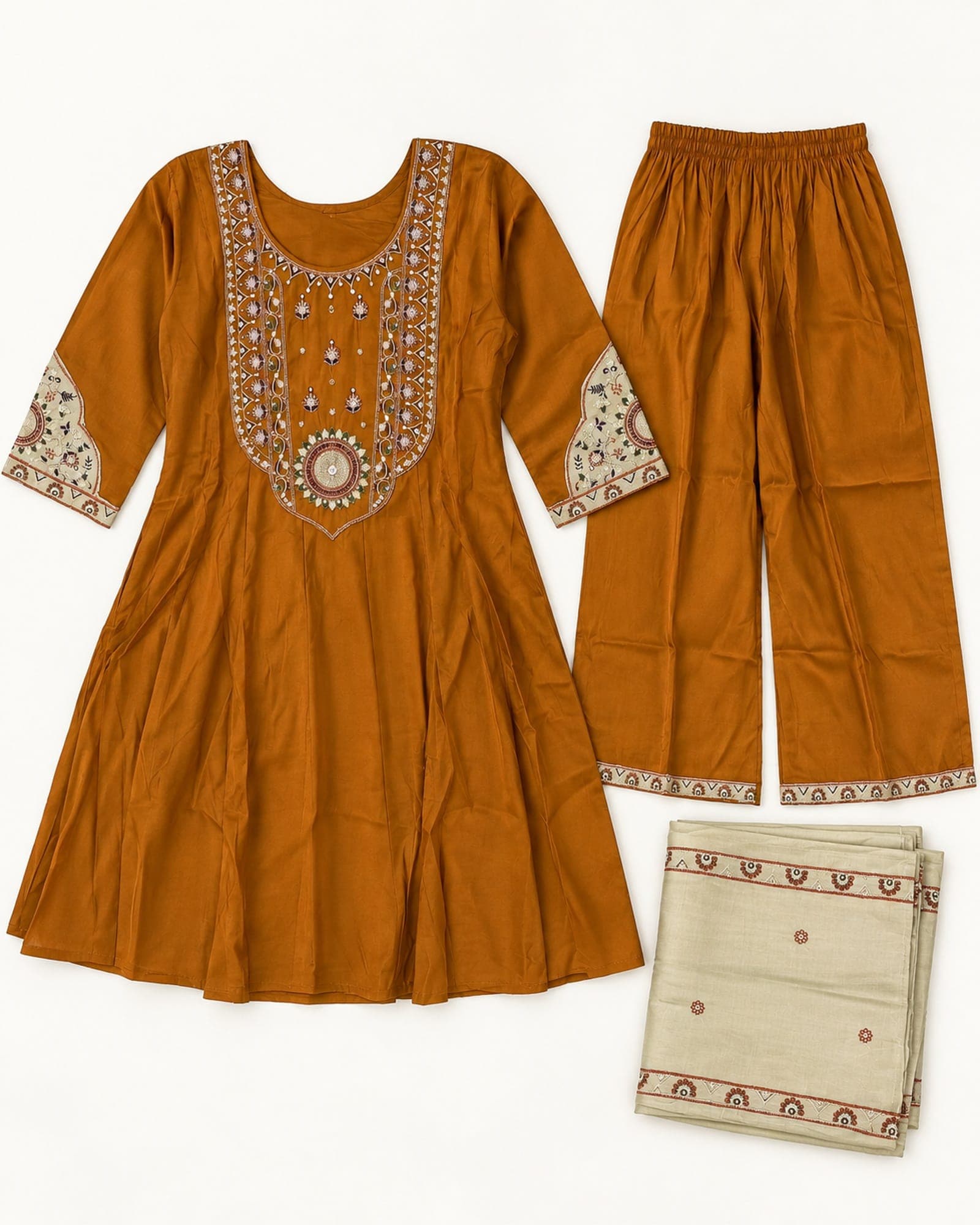 Mustard Embroidered 3-Piece Kurti, Pants & Cream Dupatta Set, photo 3 of 4