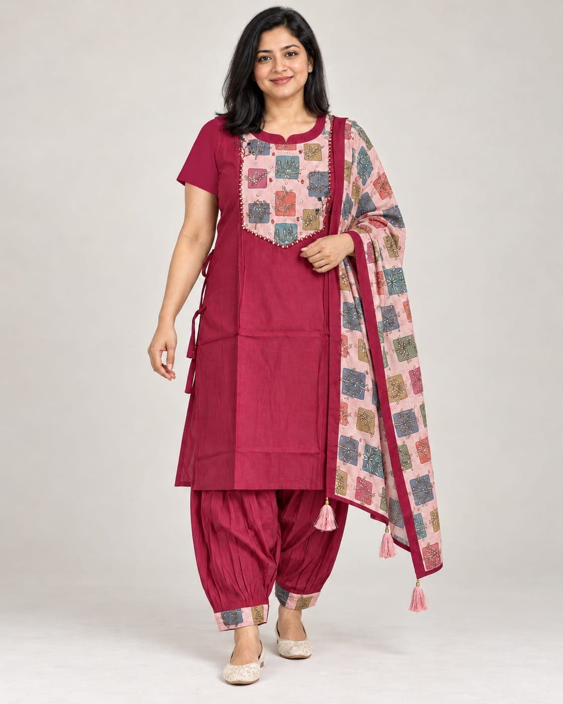 Deep Pink Panel Kurti, Afghan Pants & Printed Dupatta Set — 3 Piece, photo 2 of 6