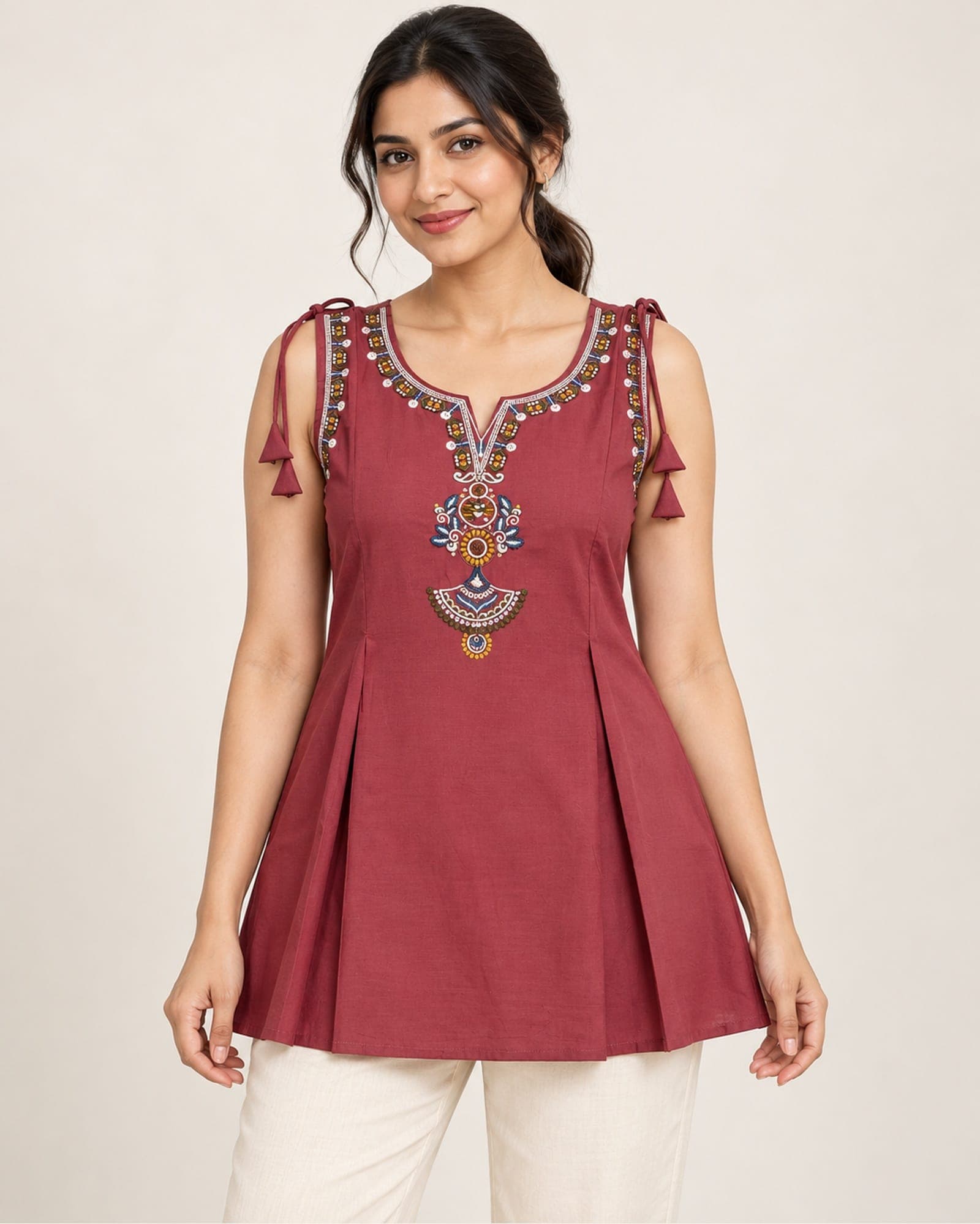 Cotton Embroidered Short Top Only with Shoulder Ties — Navy & Dark Pink