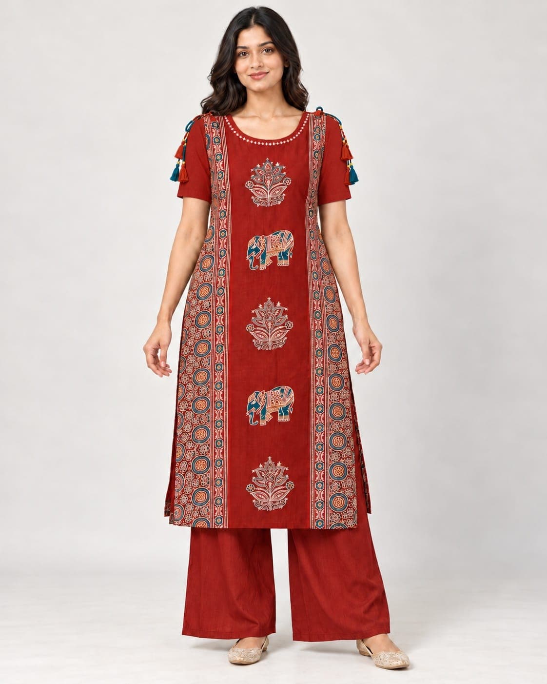 Elephant Motif Kurti & Palazzo Set — 2 Piece (Rust / Blue-Grey), photo 4 of 13