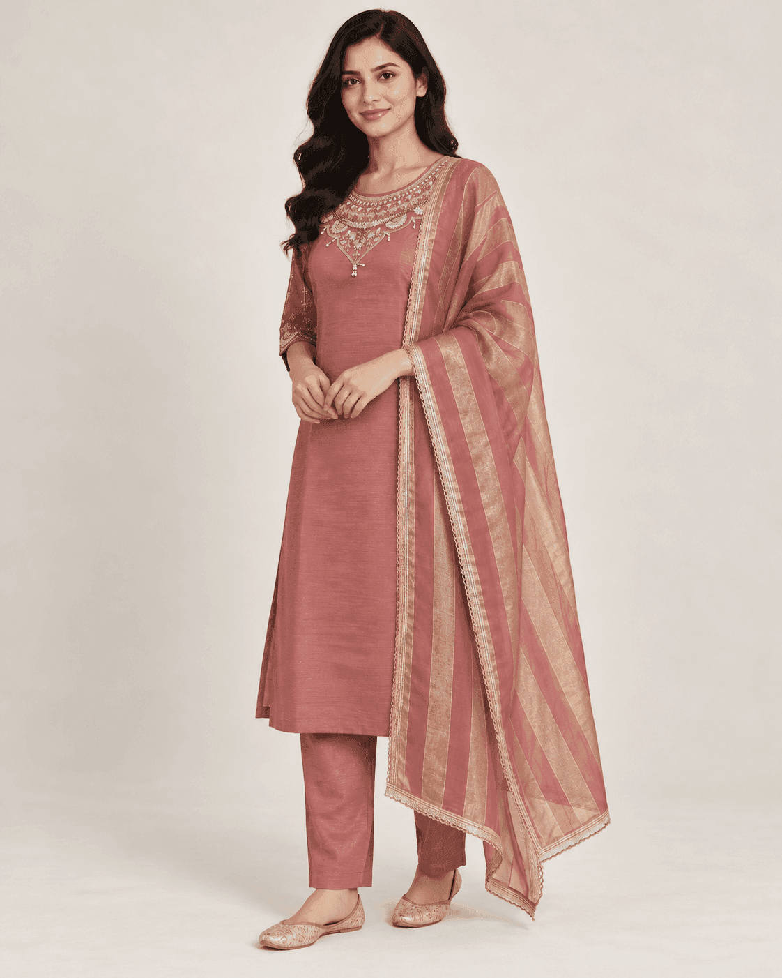 Embellished Round-Neck Kurti, Pants & Striped Dupatta Set — 3 Piece (Pink / Blue-Grey), photo 3 of 9