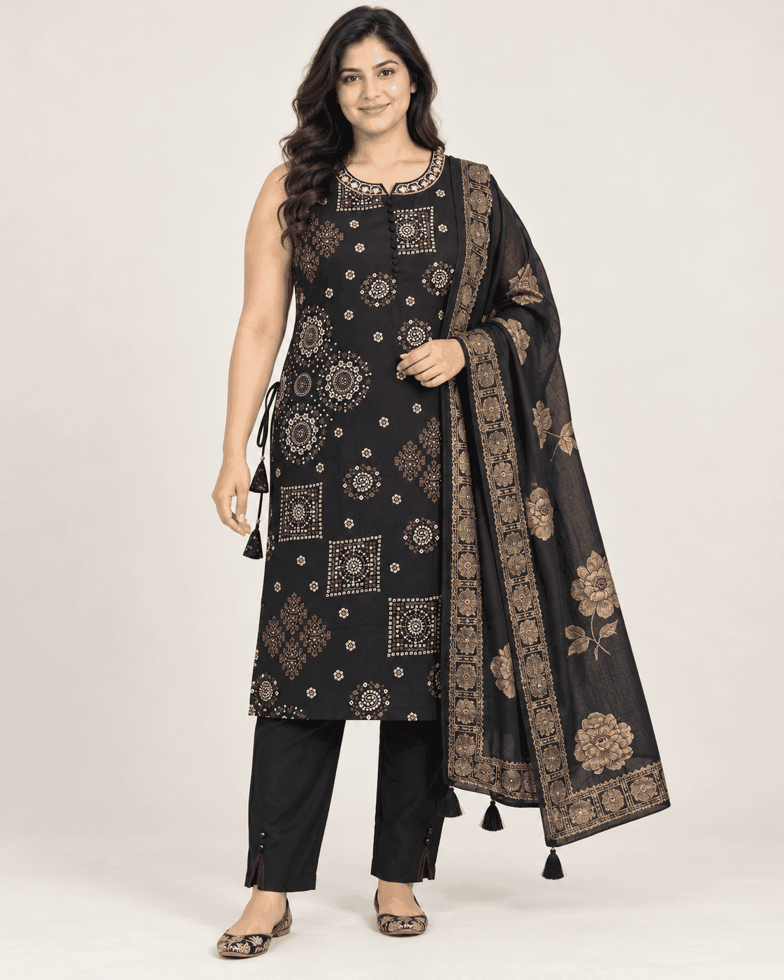 Geometric-Print Long Kurti, Pants & Dupatta Set — 3 Piece (Black / Dark Pink / Pista), photo 1 of 14