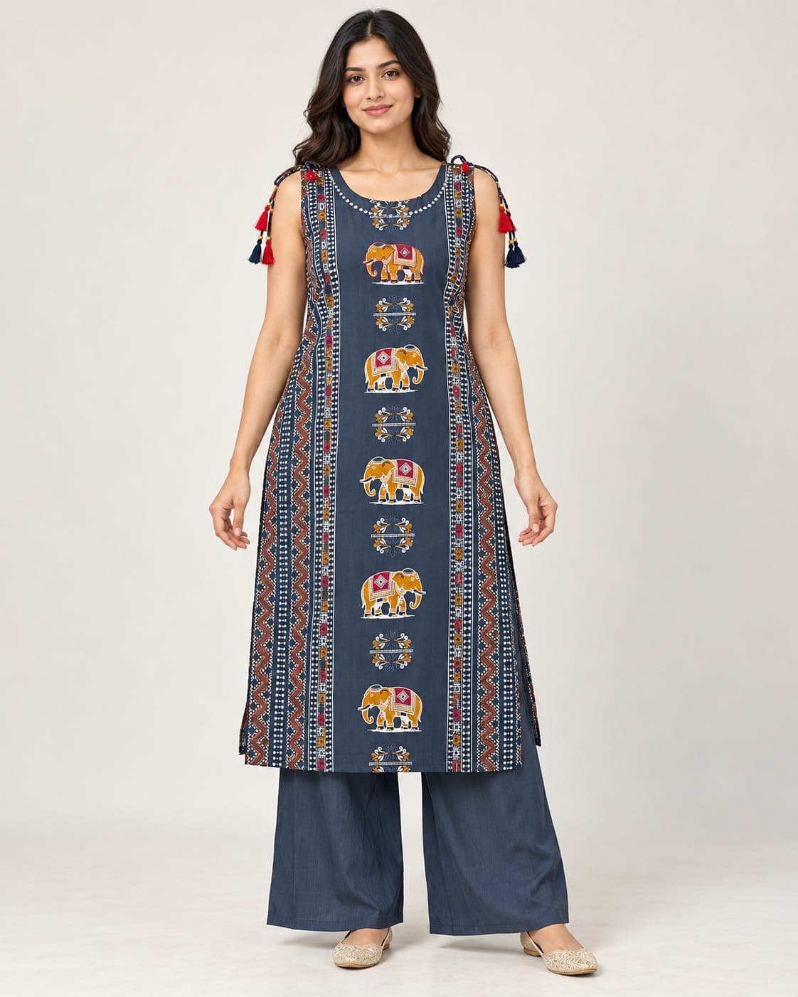Elephant Motif Kurti & Palazzo Set — 2 Piece (Rust / Blue-Grey), photo 1 of 13