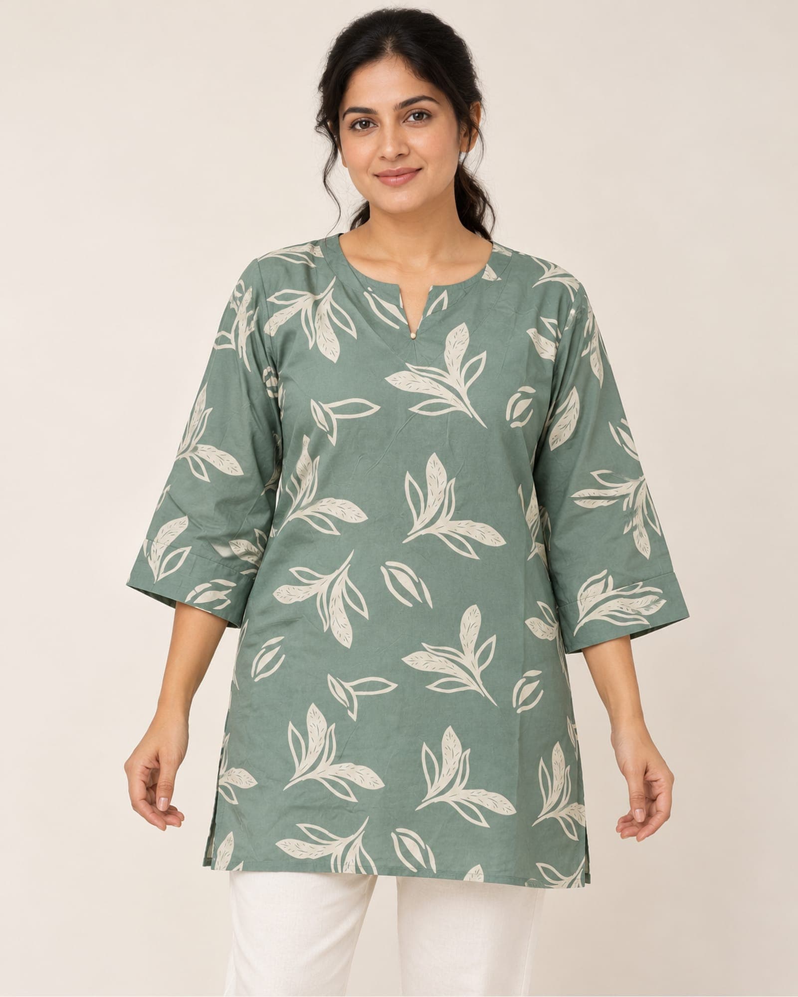 Sage Green Botanical Leaf Print Tunic — Top Only